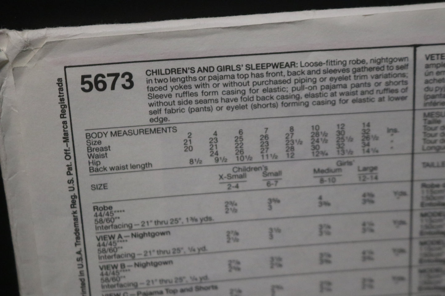 McCalls 5673 Childrens and Girls Sleepwear Sewing Pattern UNCUT Size Ex Small ( 2,4)