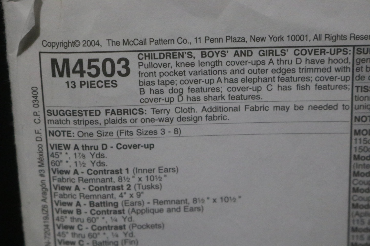 McCalls 4503 Children's Boys and Girls Cover Up Sewing Pattern UNCUT One Size