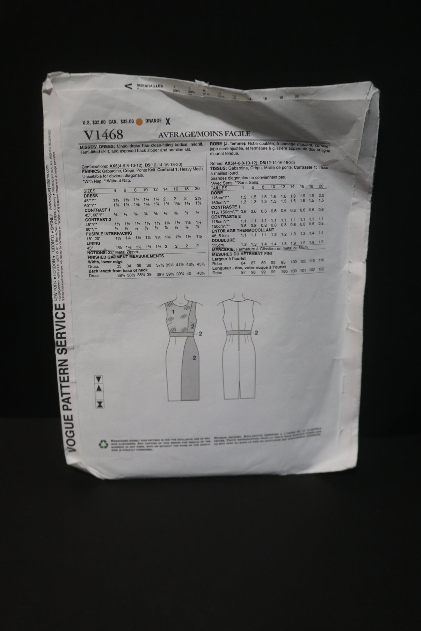 Vogue 1468 Nicola Finetti Misses Dress Sewing Pattern - UNCUT - Size 4 6 8 10 12 or Size 12 14 16 18 20