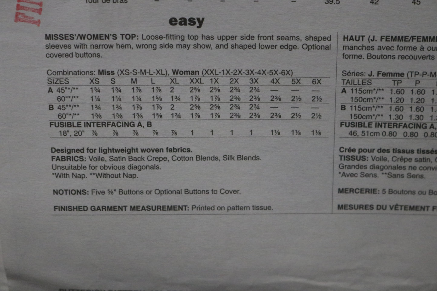 Butterick 5967 Connie Crawford Misses / Womens Top Sewing Pattern - UNCUT - Size Xsm Sml Med Lrg Xlg