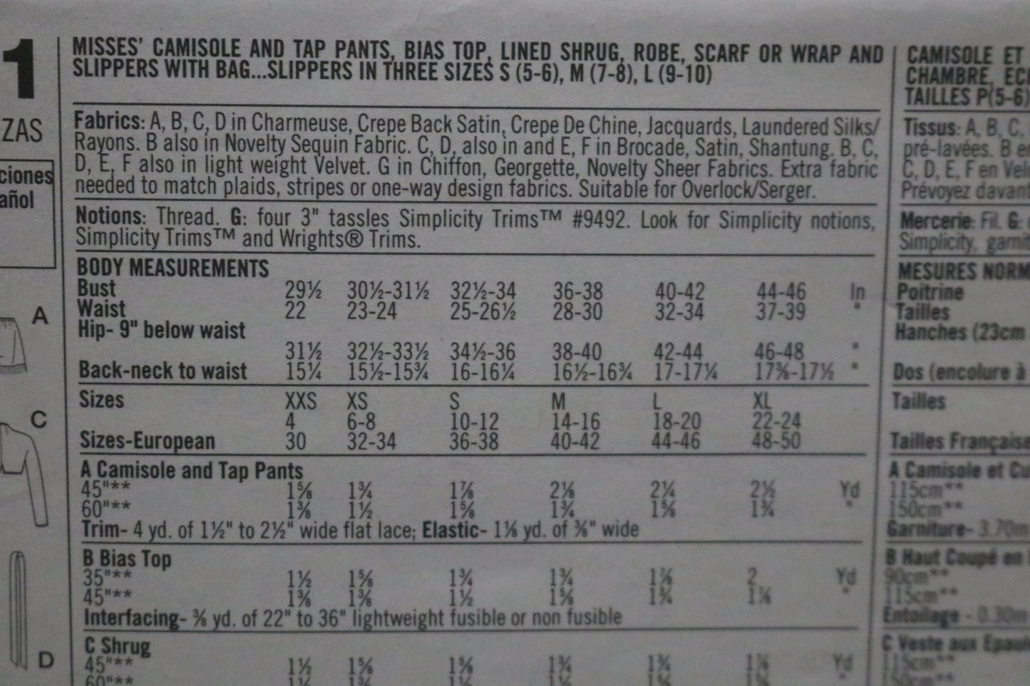 Simplicity 9961 Misses Camisole and Tap Pants, Bias Top, Lined Shrug, Robe, Scarf or Wrap and Slippers with Bag...Slippers in Three Sizes Sewing Pattern - UNCUT - Size S(5-6) M (7-6) L(9 - 10)