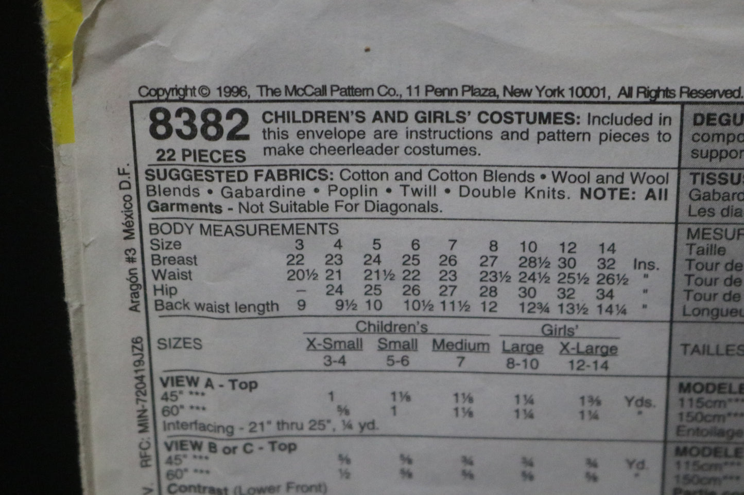 McCalls 8382 Children's and Girls Costume Sewing Pattern - UNCUT - Size Medium ( 7,8)