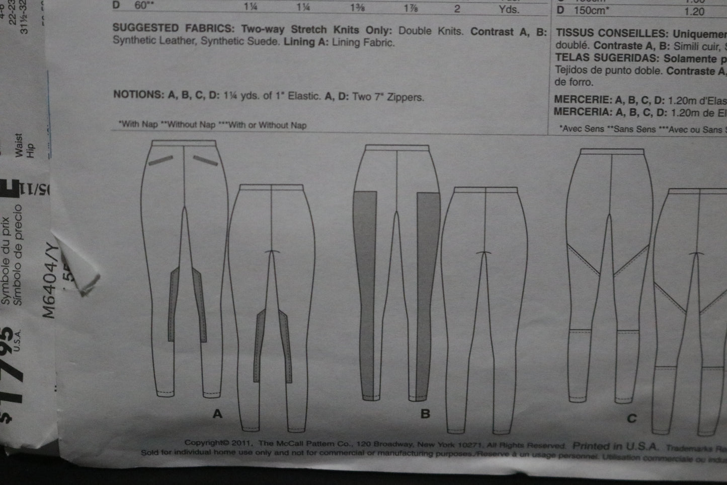 McCalls 6404 Misses Leggings Sewing Pattern UNCUT Size Xsm Sml Med