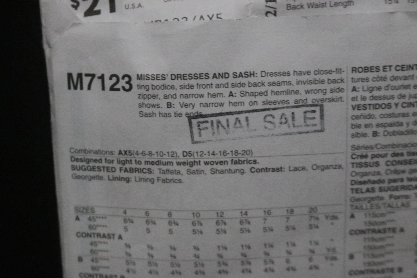 McCalls 7123 Misses Dress and Sash Sewing Pattern - UNCUT - Size 4 6 8 10 12
