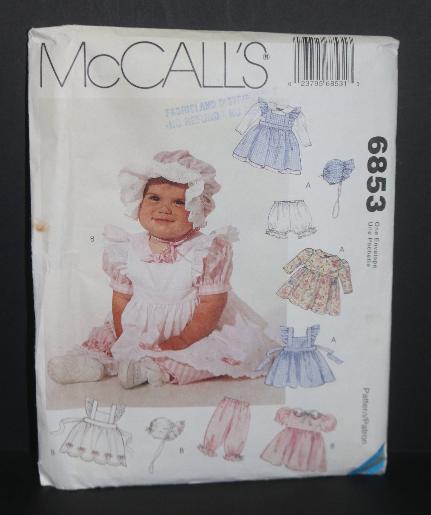 McCalls 6853 Infants Pinafore Dress, Panties, Pantaloons and Bonnet Sewing Pattern - UNCUT - Size S M L XL