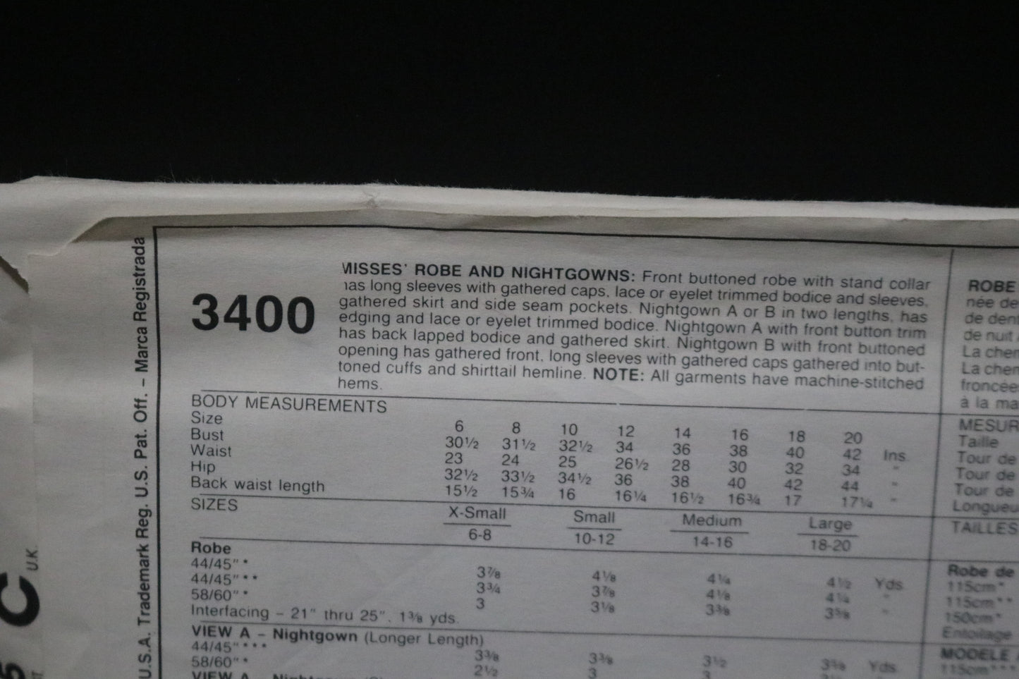 McCalls 3400 Misses Robe and Nightgown Sewing Pattern UNCUT Size Small