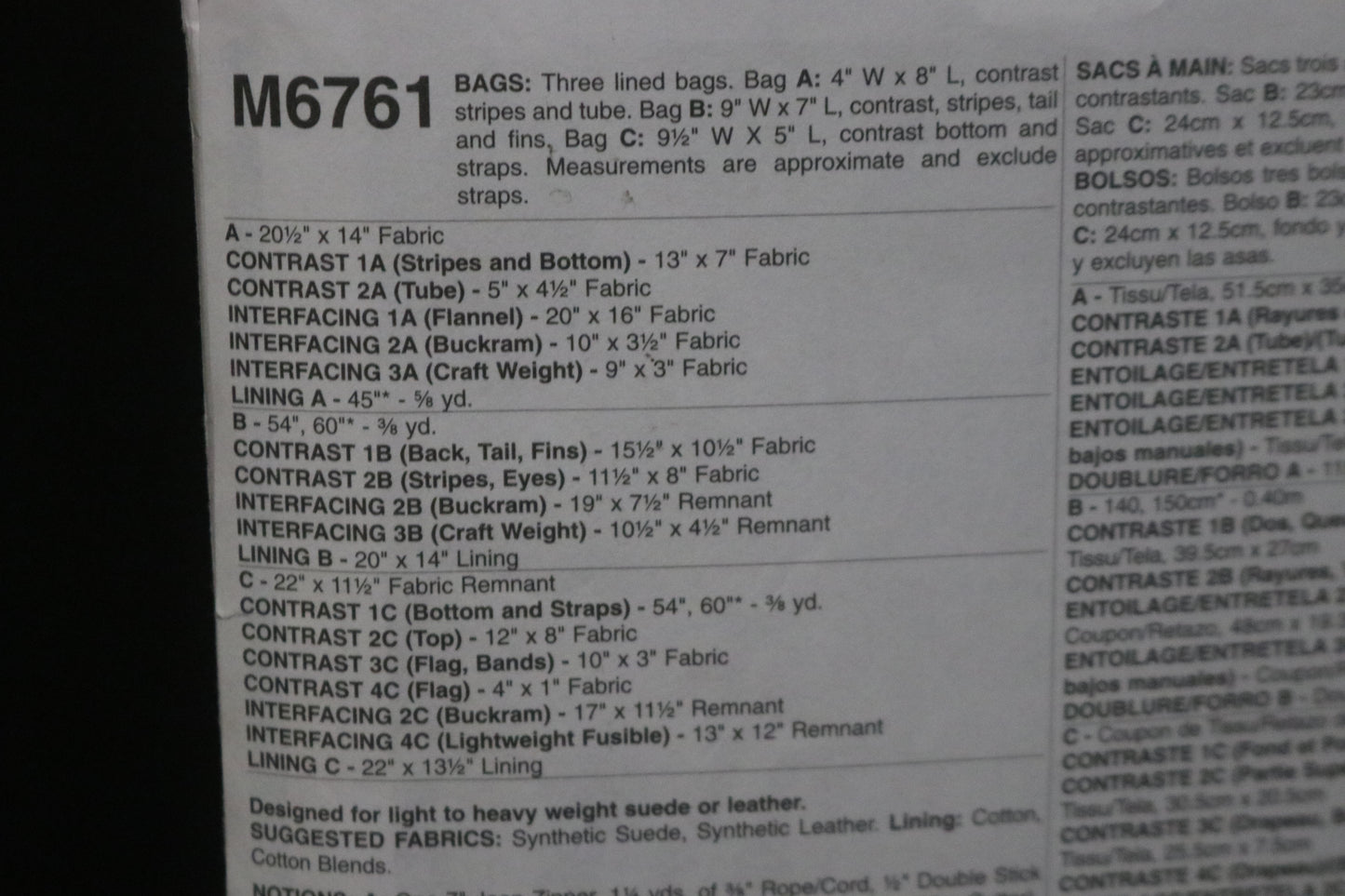 McCalls 6761 Bags Sewing Pattern UNCUT