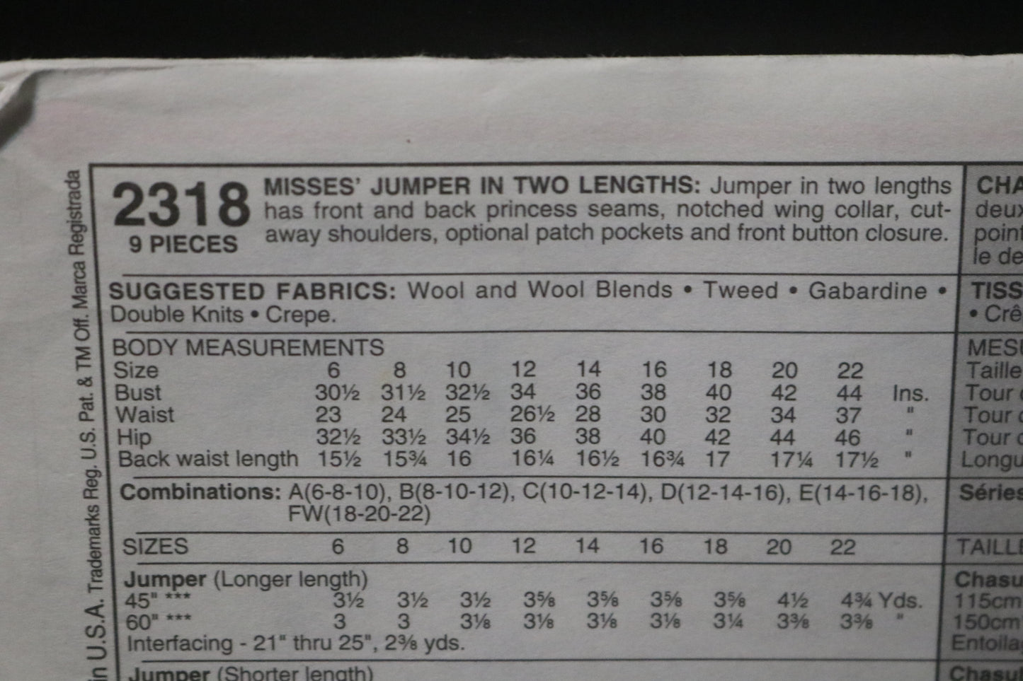 McCalls 2318 Misses Jumper Sewing Pattern - UNCUT - Size 6 8 10