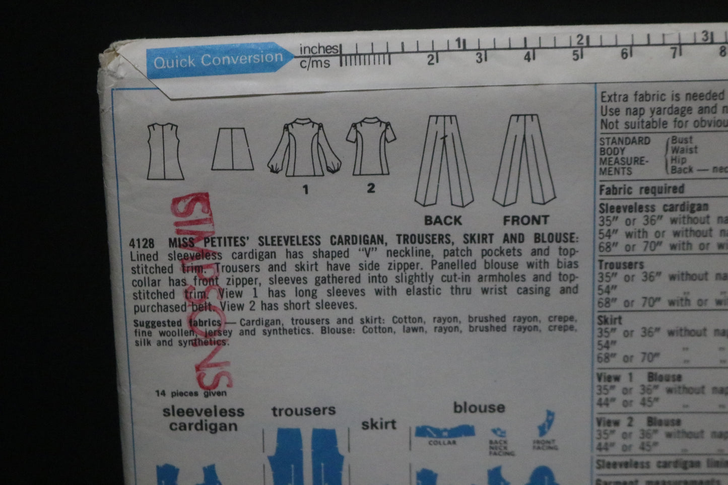 70s Style 4128 Miss Petites Sleeveless Cardigan, Trousers, Skirt and Blouse Sewing Pattern UNCUT Size 16MP Bust 38