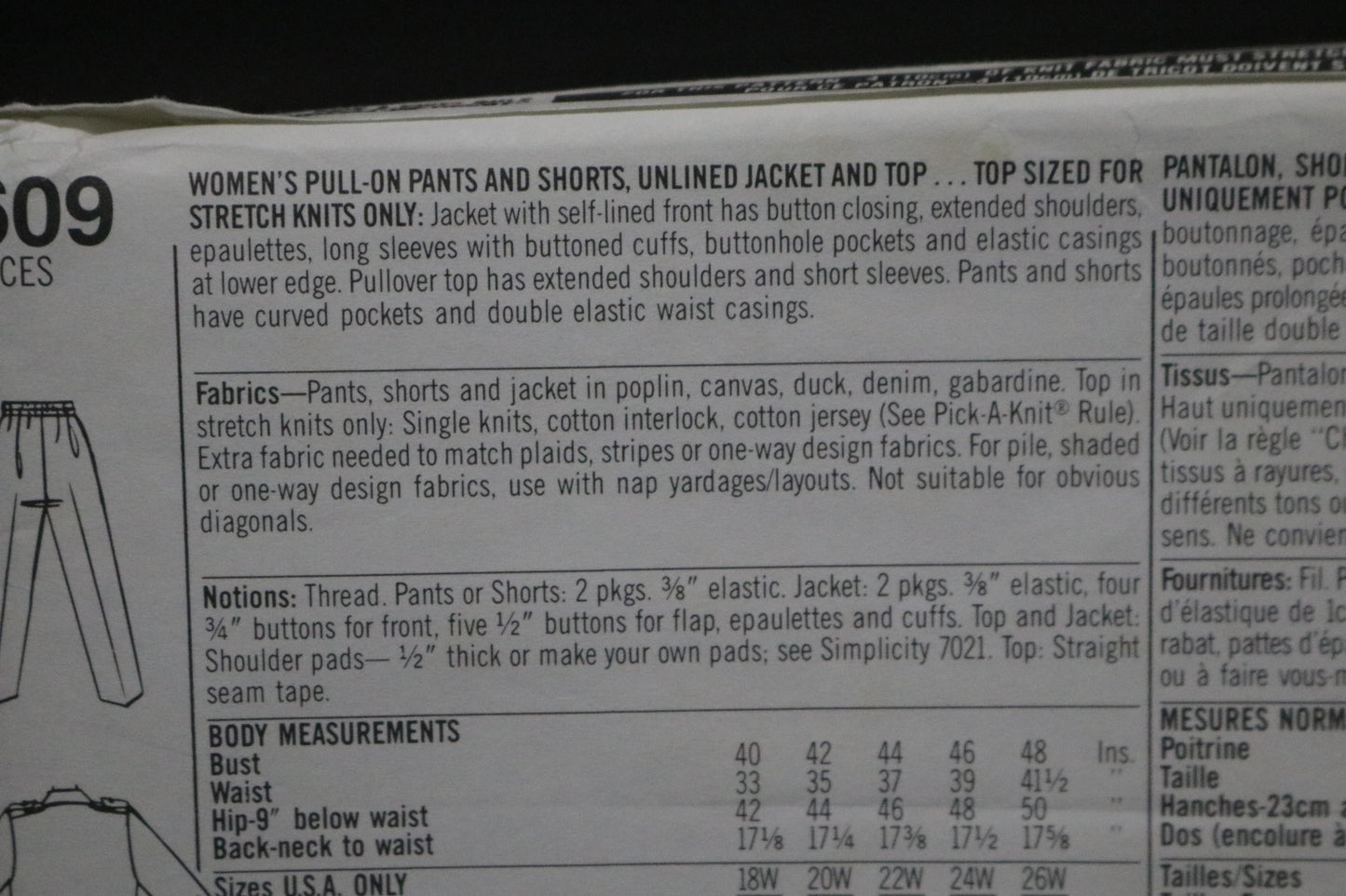 Simplicity 8609 Nancy Heller Womens Pull on Pants and Shorts, Unlined Jacket and Top Sewing Pattern UNCUT Size 18W 20W 22W