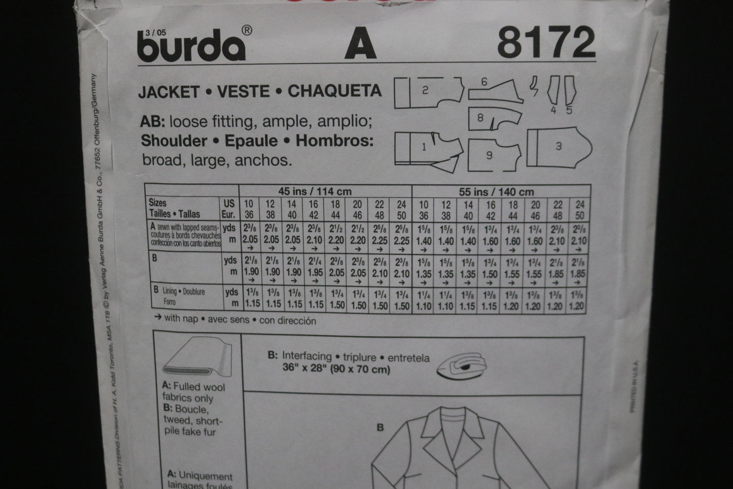 Burda 8172 Misses Jacket Sewing Pattern - UNCUT - Size 10 12 14 16 18 20 22 24