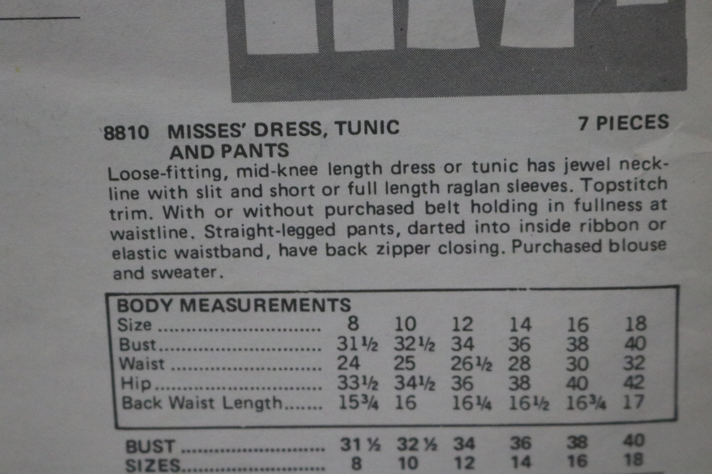 70s Vogue 8810 Misses Dress Tunic and Pants Sewing Pattern UNCUT Size 18