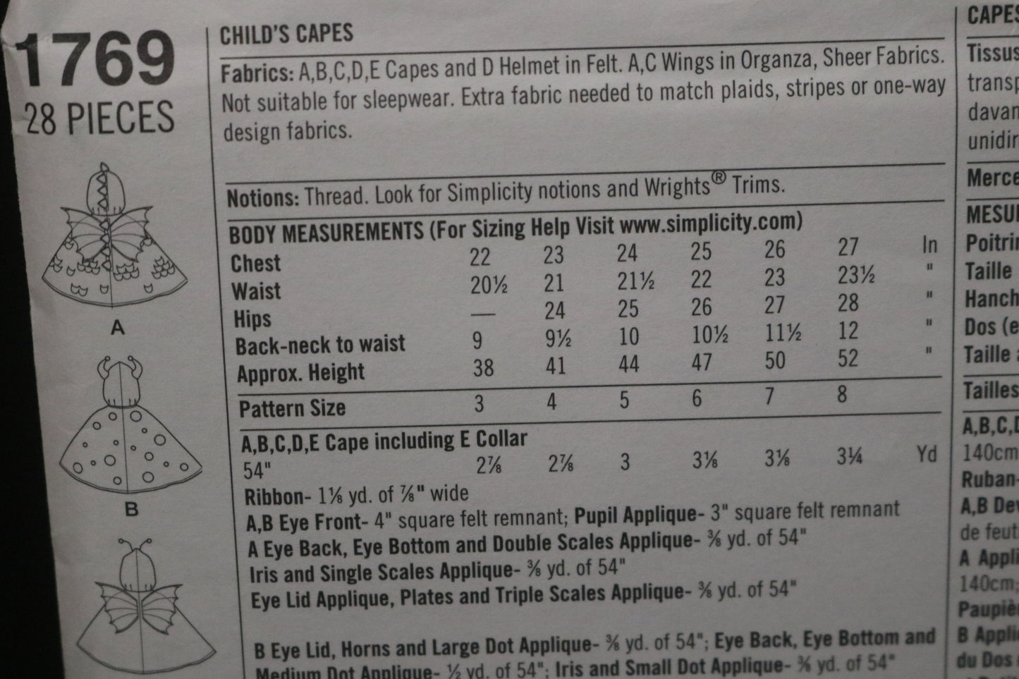 Simplicity 1769 Childs Costume Capes Sewing Pattern - UNCUT - Size 3 4 6 7 8