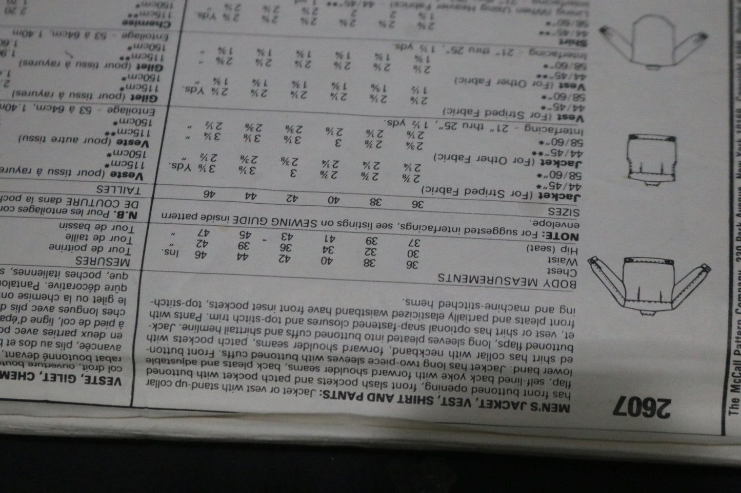 McCalls 2607 Mens Jacket Vest Shirt and Pants Sewing Pattern - UNCUT Size 42