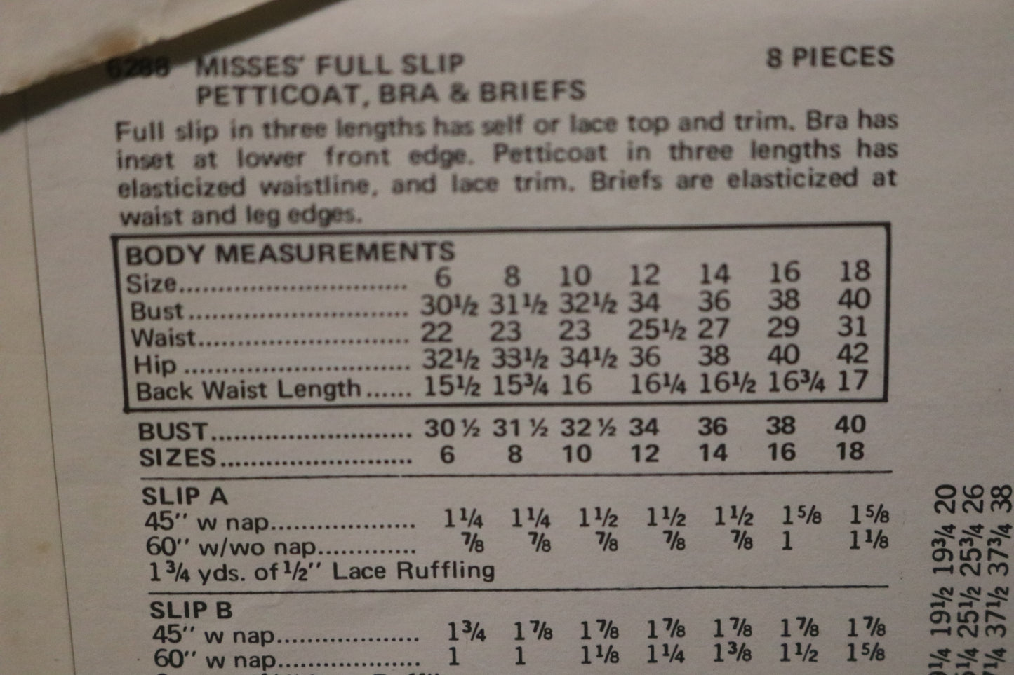Butterick 6288 Misses Full Slip Petticoat Bra and Briefs Sewing Pattern - UNCUT - Size 8 Bust 31 1/2