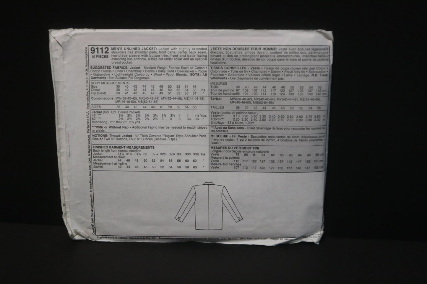 McCalls 9112 Men's Unlined Jacket Sewing Pattern - UNCUT Size MX (40,42,44) or Size MZ (44,46,48)