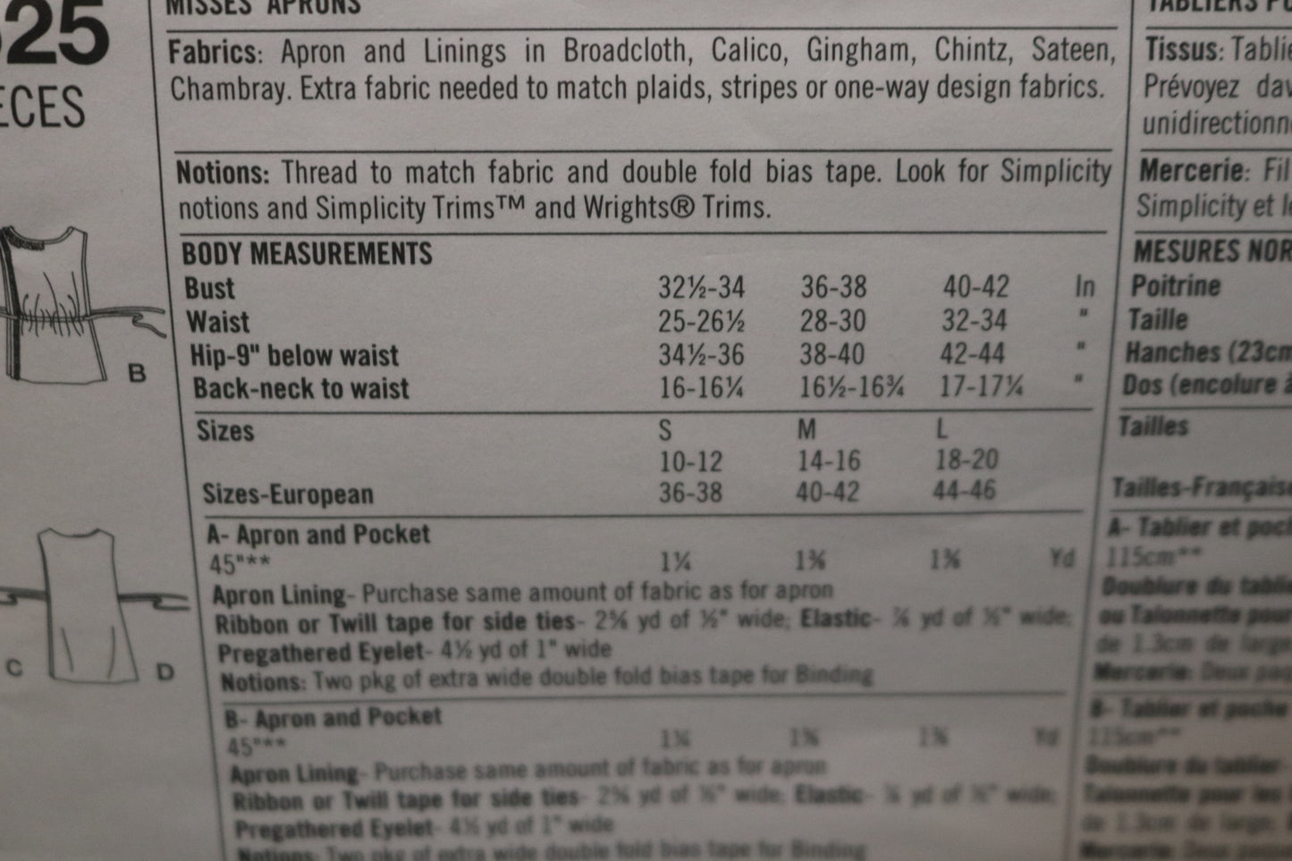 Simplicity 5525 Misses Aprons Sewing Pattern - UNCUT S M L