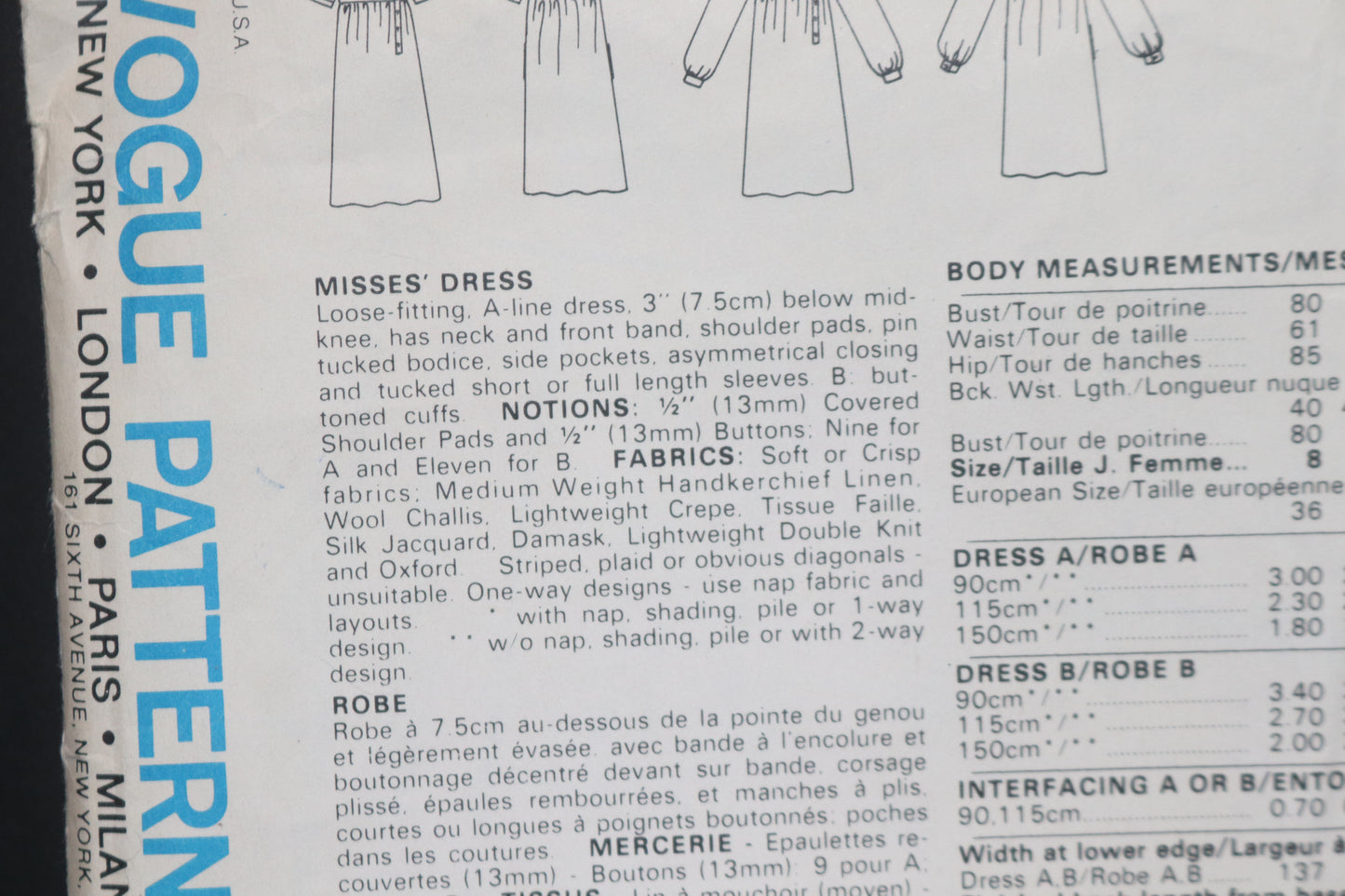 Vogue 1172 Paris Original Pierre Balmain Misses Dress Sewing Pattern - UNCUT - Size 10