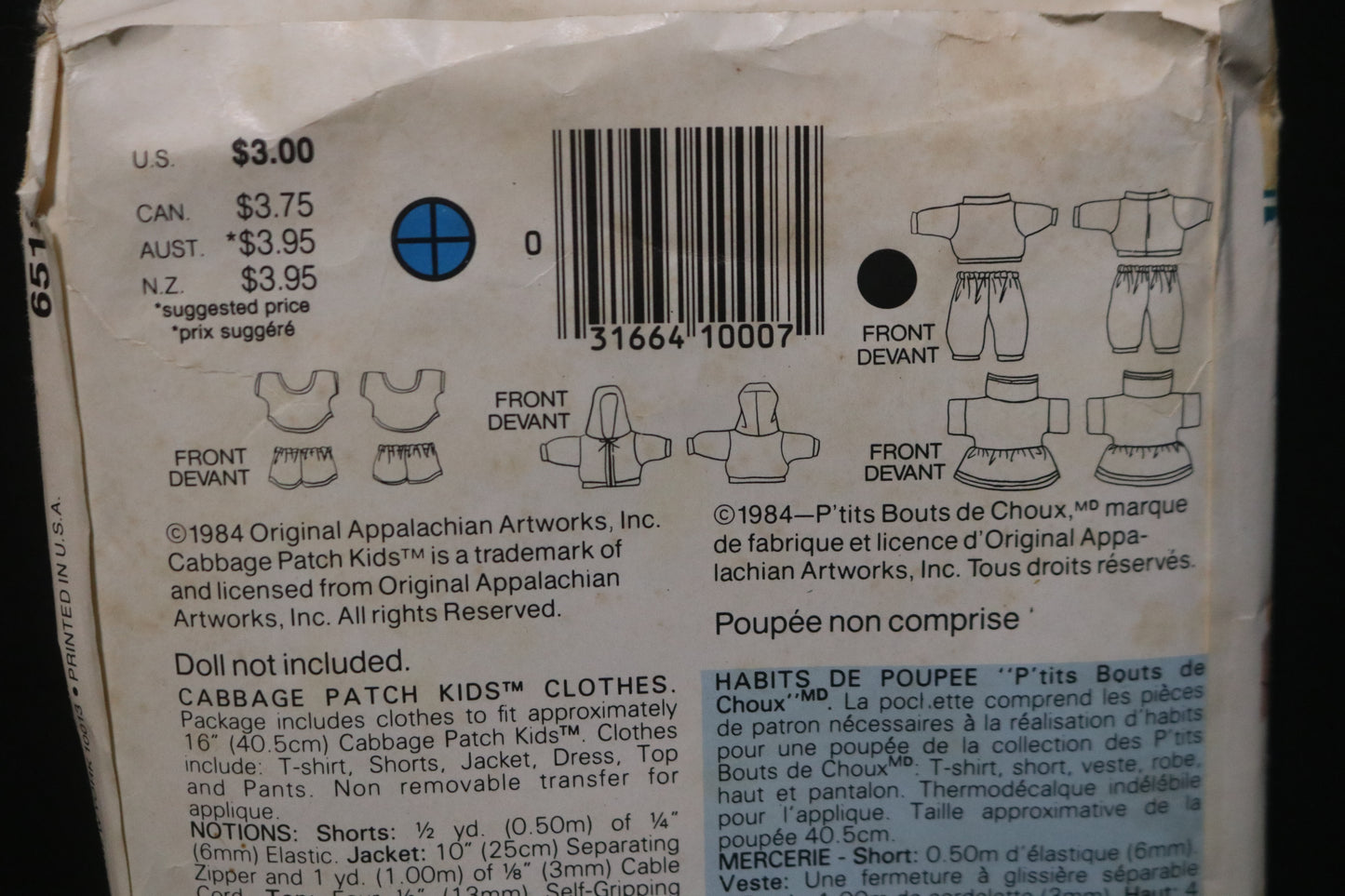 Butterick 6511 Cabbage Patch Kids Doll Clothes Sewing Pattern - UNCUT