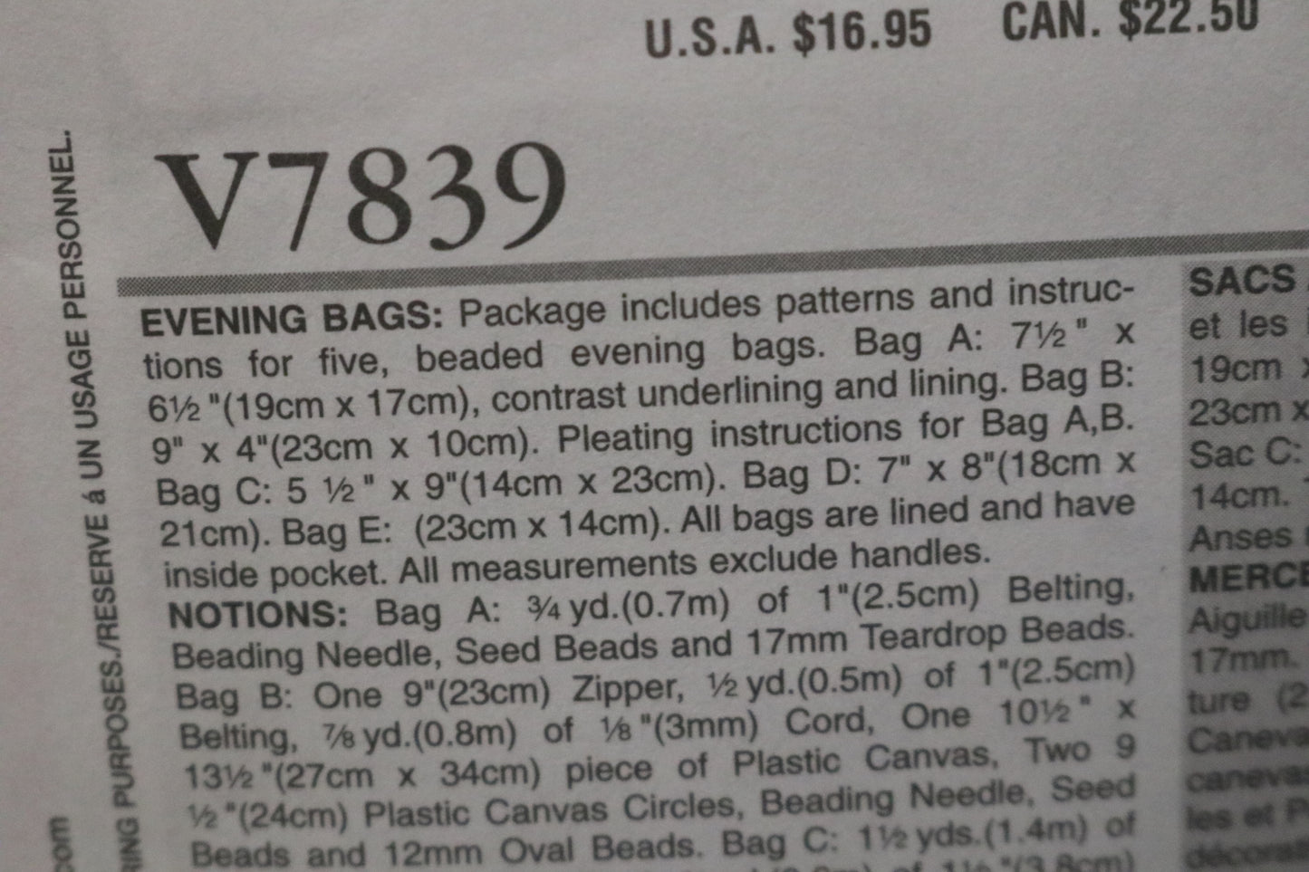 Vogue 7839 Evening Bags Sewing Pattern - UNCUT