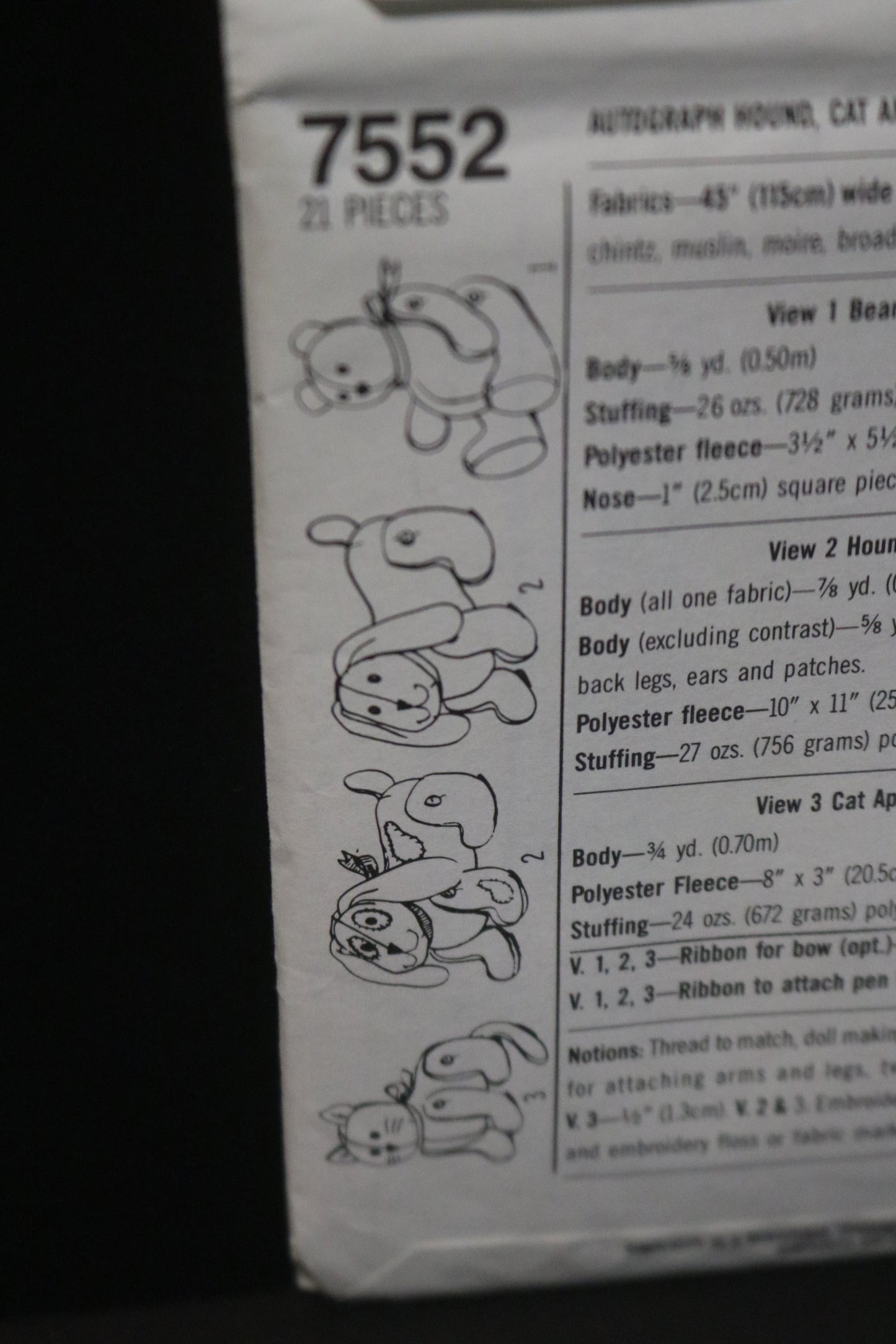 Simplicity 7552 Crayola Autograph Hound Cat ans Bear Sewing Pattern UNCUT