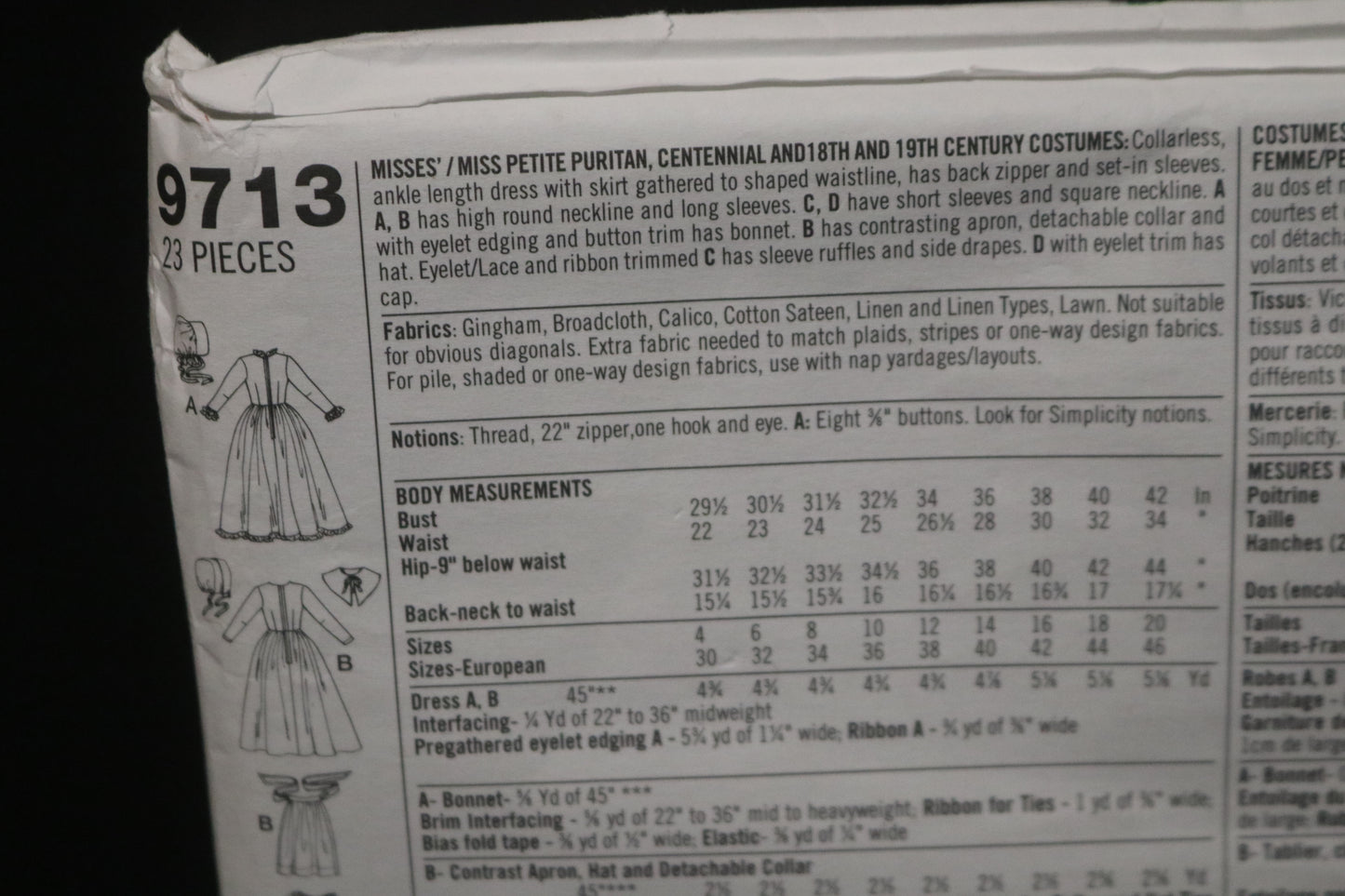 Simplicity 9713 Misses / Miss Petite Puritan Centennial and 18th and 19th Century Costumes Sewing Pattern UNCUT - Size 16 18 20