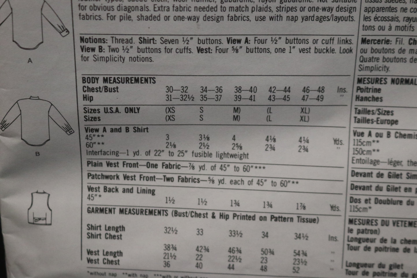 Simplicity 8799 Misses Mens or Teen Boys Shirt and Lined Vest Sewing Pattern UNCUT - Size L,XL