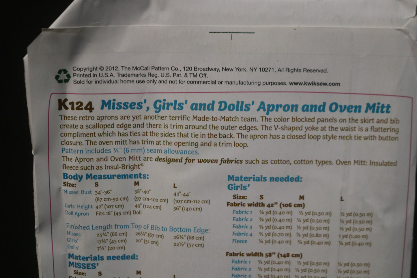 Ellie Mae Designs K124 Misses Girls and Dolls Apron and Oven Mitt Sewing Pattern - UNCUT Size S M L