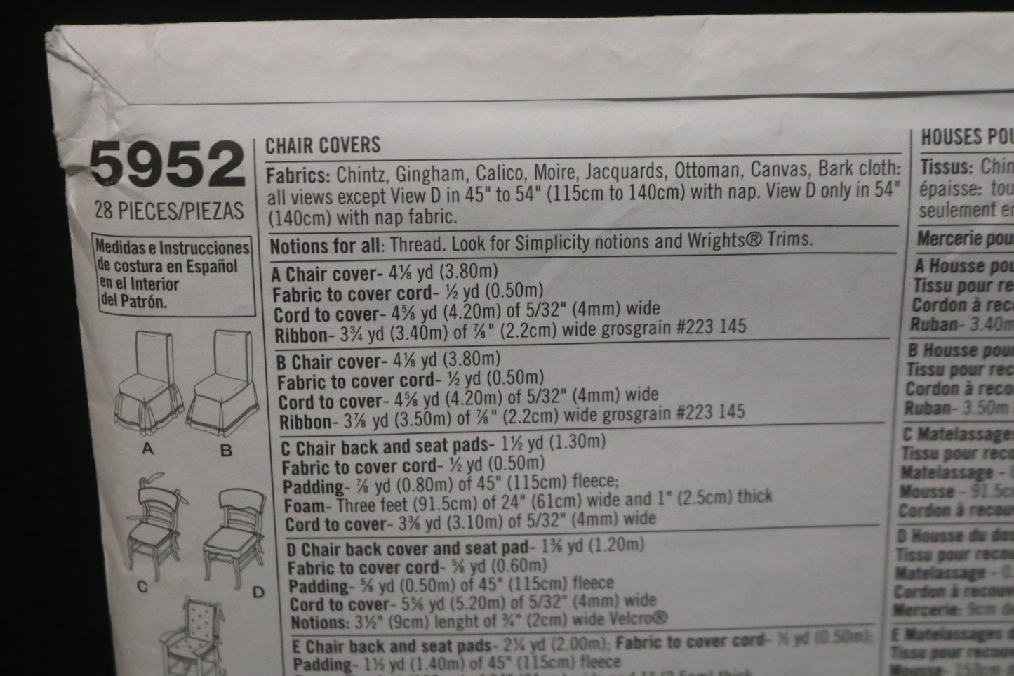 Simplicity 5952 Designer Chair Covers and Chair Pads Sewing Pattern - UNCUT