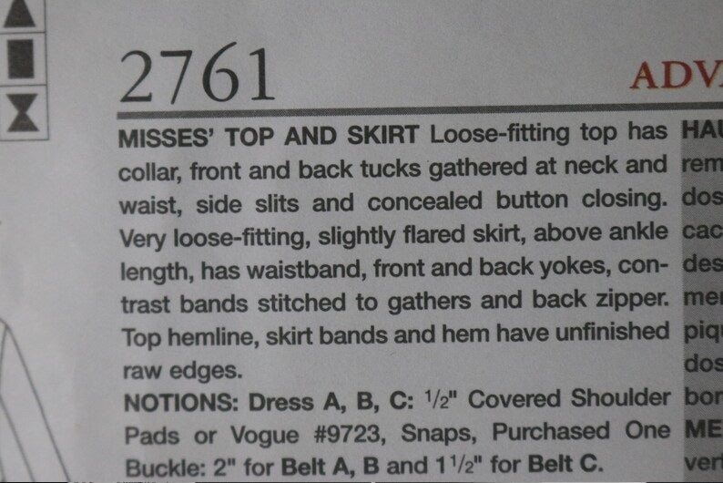 Vogue 2761 Issey Miyake Misses Top and Skirt Sewing Pattern - UNCUT - Size 8 10 12