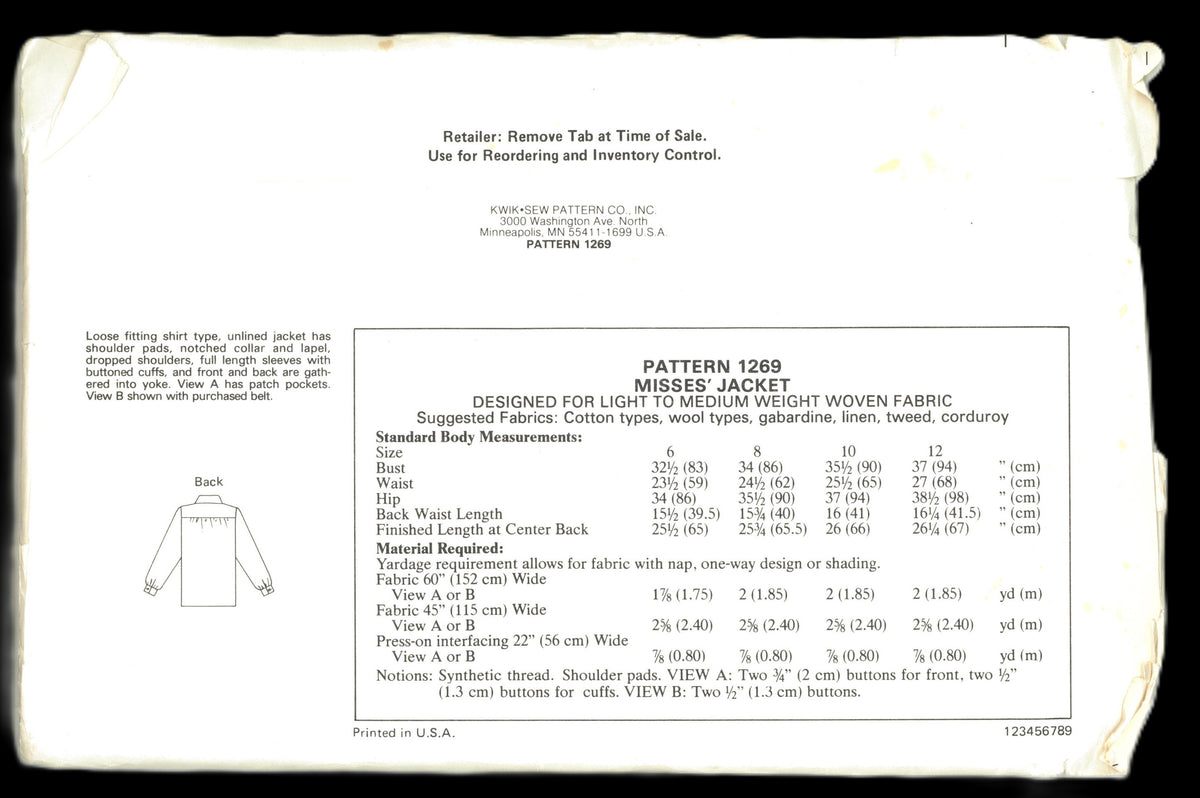 Kwik Sew 1269 Misses Jackets Sewing Pattern - UNCUT - Size 6 8 10 12