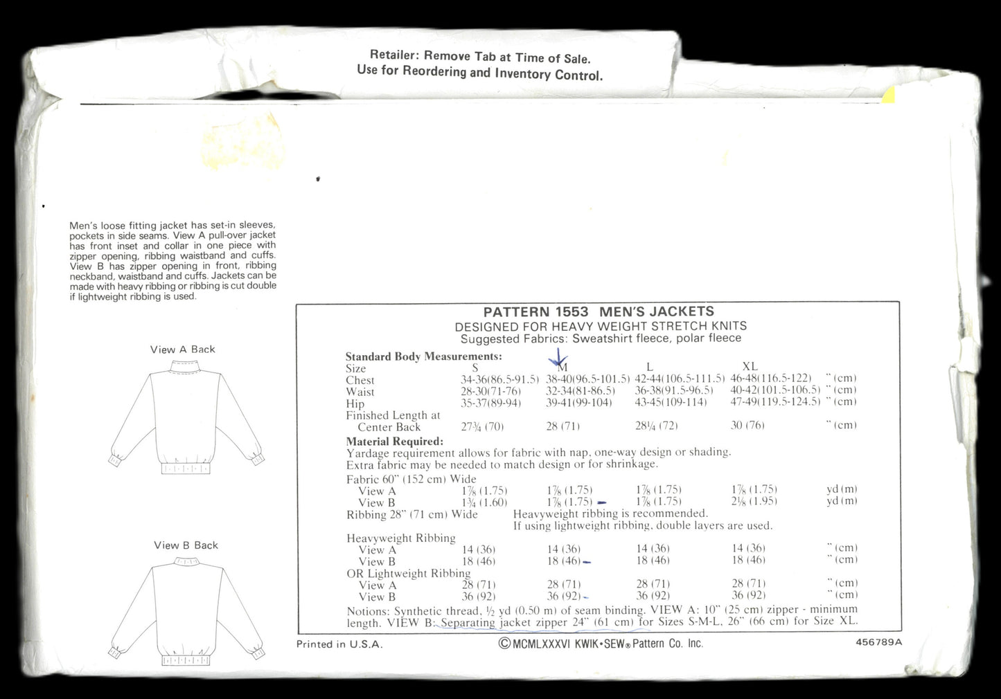 Kwik Sew 1553 Mens Jacket sewing Pattern - UNCUT Size S M L XL