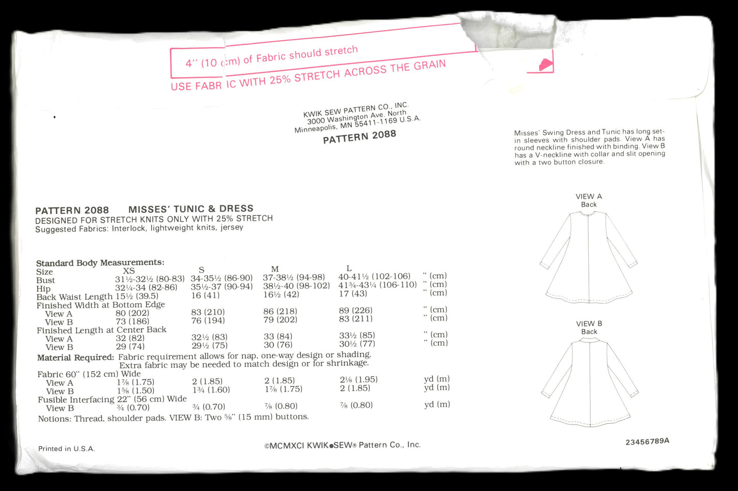 Kwik Sew 2088 Misses Tunic & Swing Dress Sewing Pattern - UNCUT - Size Xs S M L