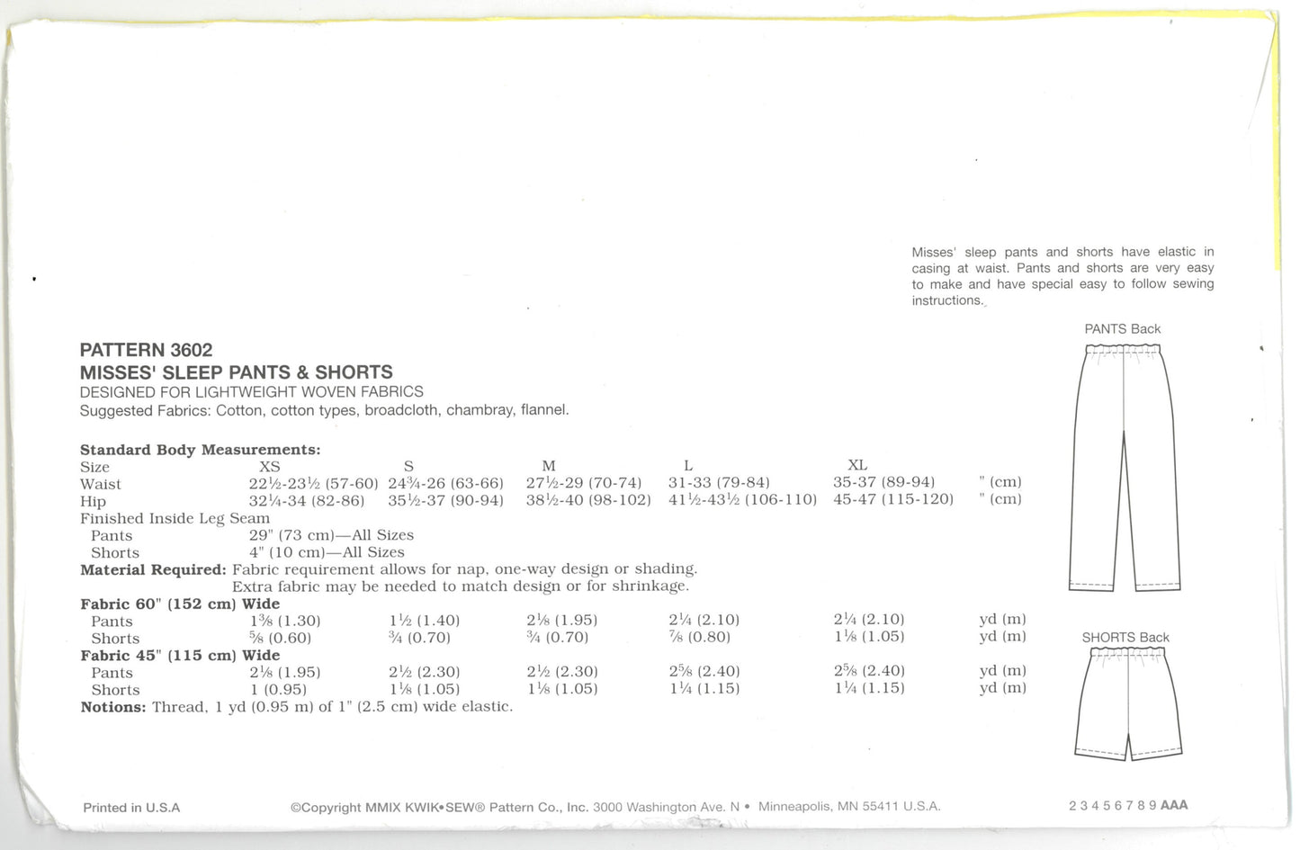 Kwik Sew 3602 Misses Sleep Pants and Shorts Sewing Pattern - UNCUT - Size XS S M L XL