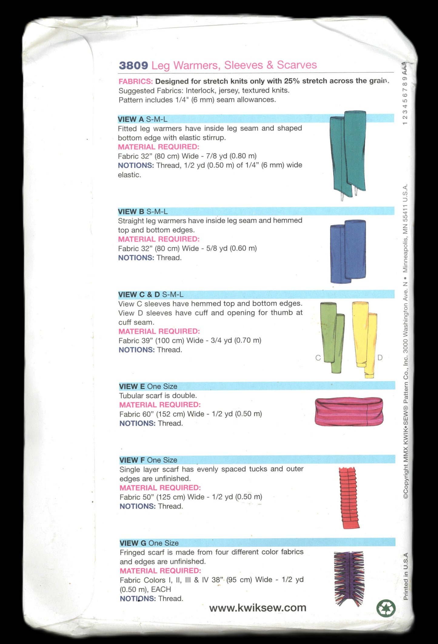 Kwik Sew 3809 Leg Warmers, Sleeves & Scarves Sewing Pattern - UNCUT - Size S M L