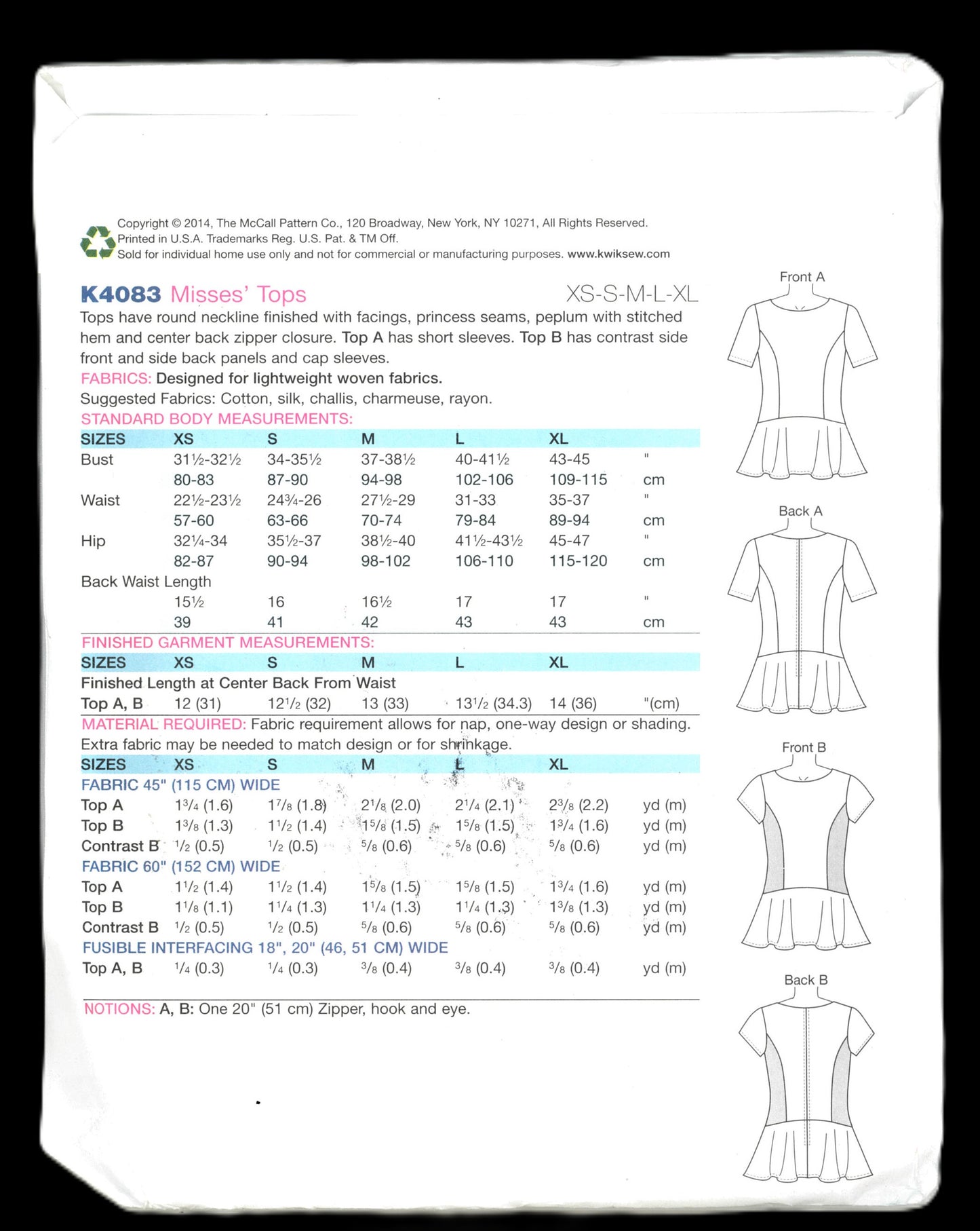 Kwik Sew 4083 Misses Tops Sewing Pattern - UNCUT - Size Xs S M L XL