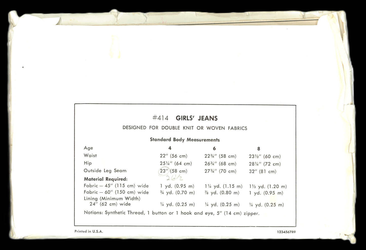 Kwik Sew 414 Girls Bell Bottom Jeans Sewing Pattern - UNCUT - Size 4 6 8
