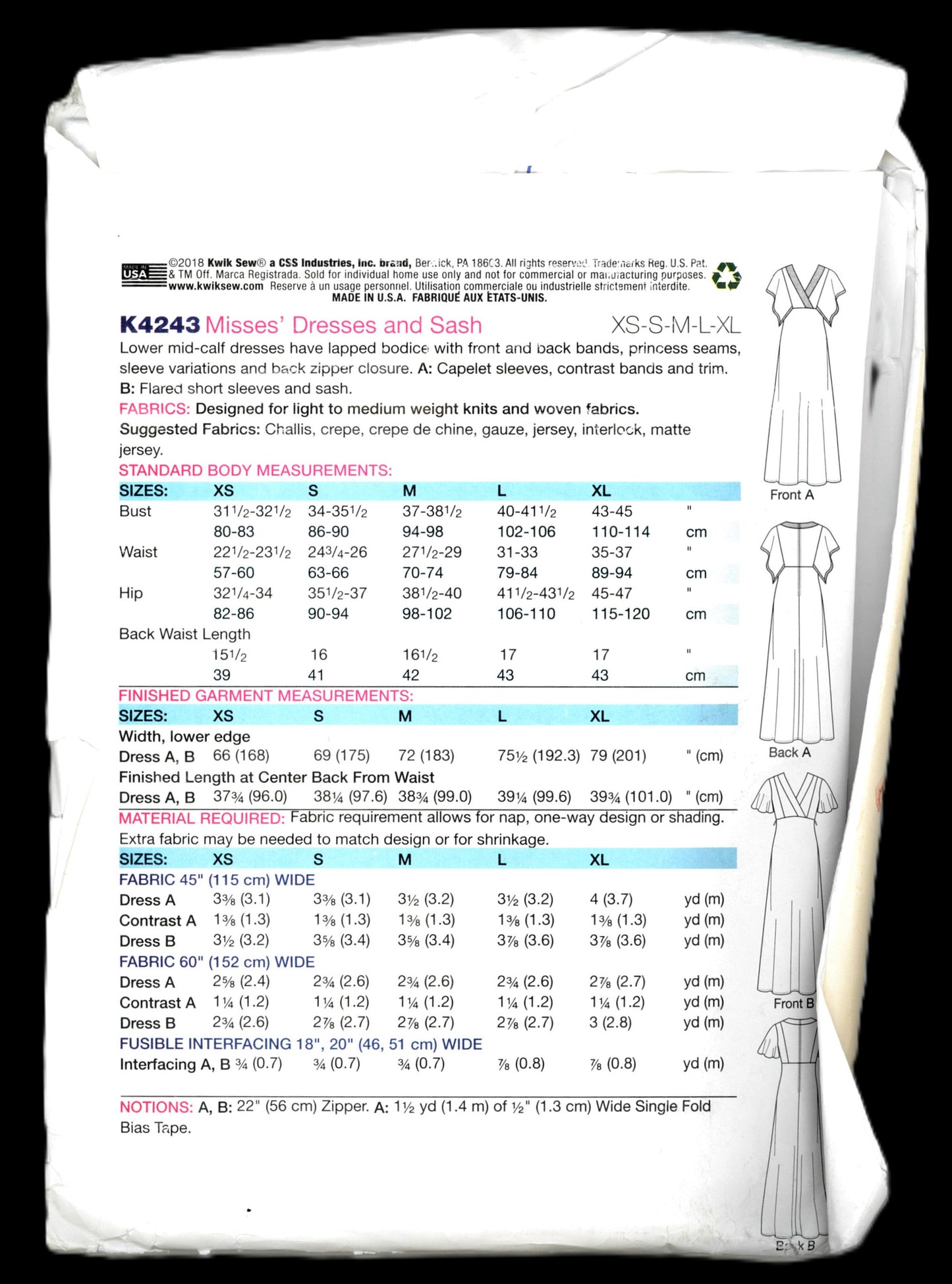 Kwik Sew 4243 Misses Dresses and Sash Sewing Pattern - UNCUT - Size Xs S M L XL