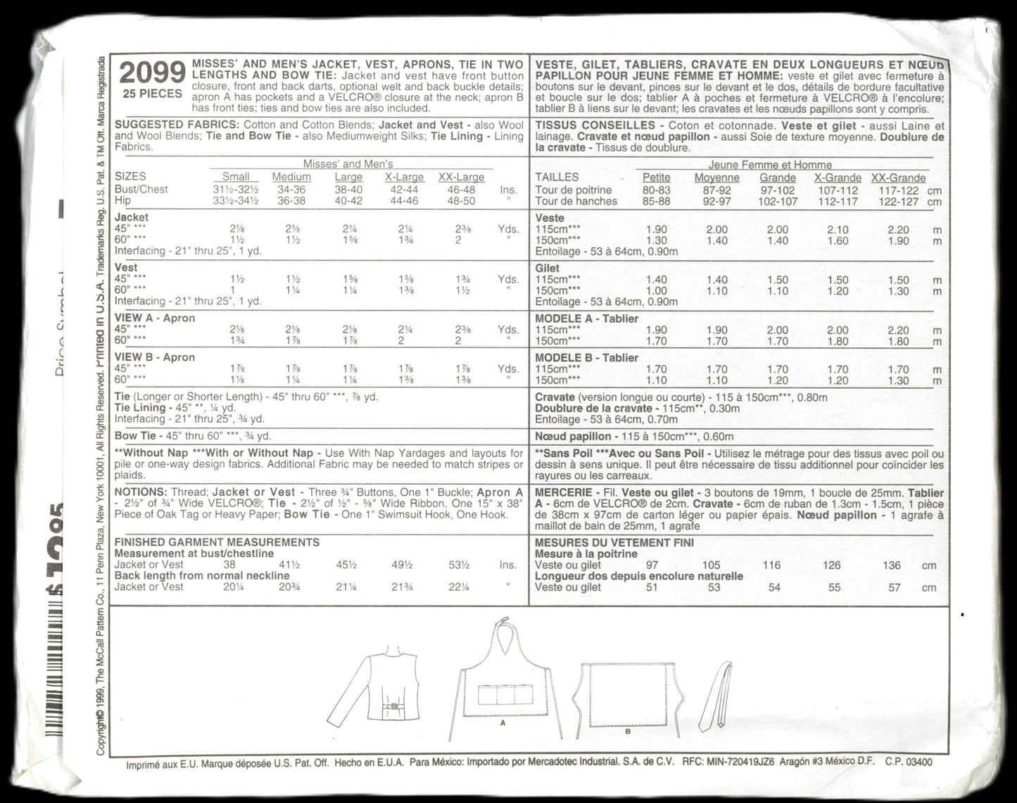 McCalls 2099 Uniform Essentials Misses and Mens Jacket Vest Aprons, Tie in Two Lengths and Bow Tie Aprons Sewing Pattern - UNCUT Size Ex Large ( 42,44)