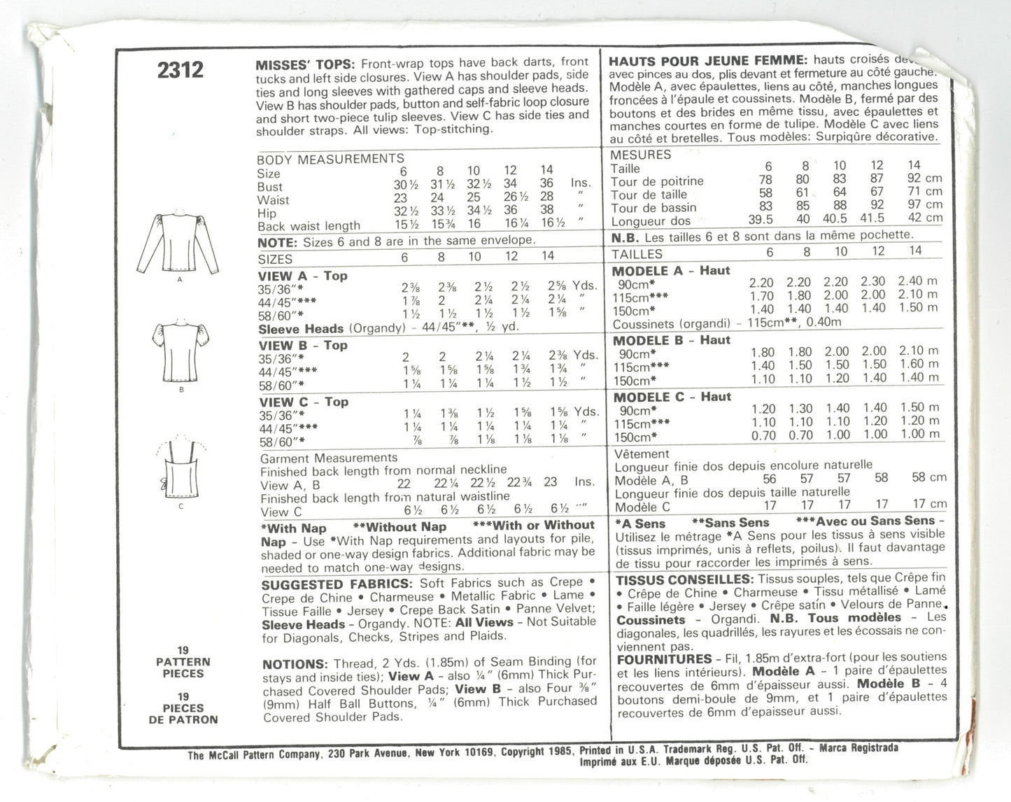McCalls 2312 Misses Tops Sewing Pattern - UNCUT - Size 10
