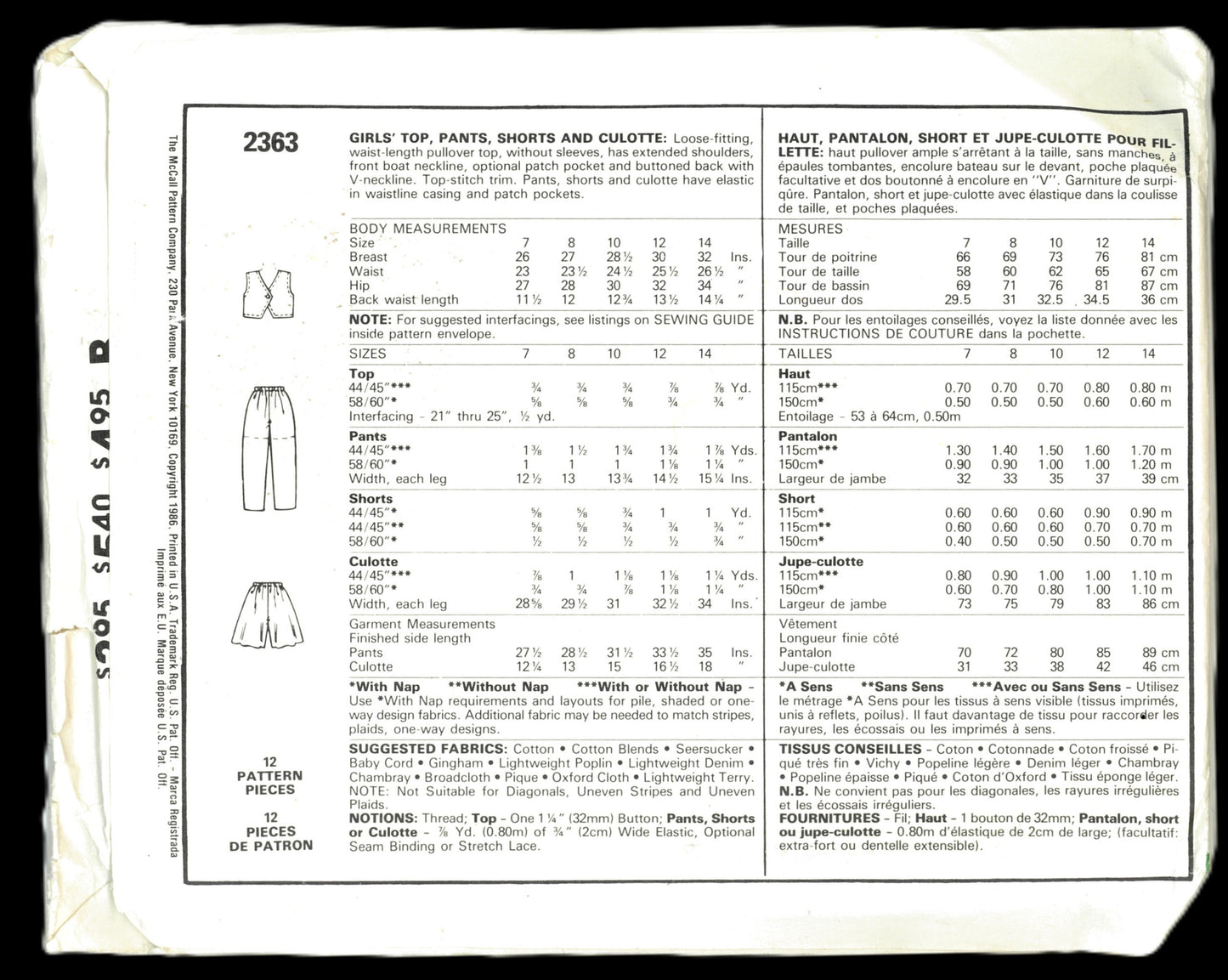 McCalls 2363 Girls Tops Pants Shorts and Culotte Sewing Pattern UNCUT Size 12