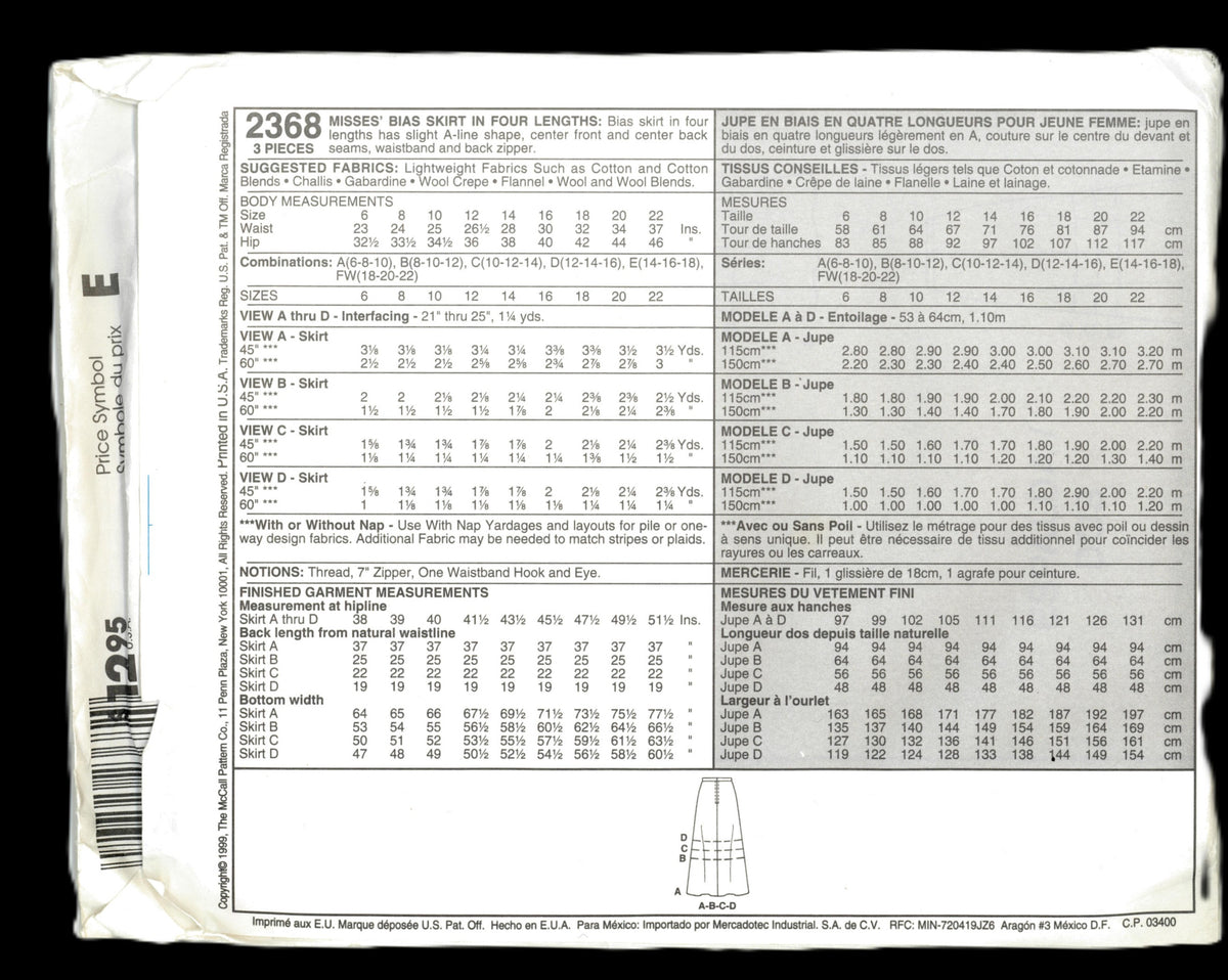 McCalls 2368 Misses Bias Skirt in Four Lengths Sewing Pattern UNCUT Size 6 8 10 or Size 8 10 12