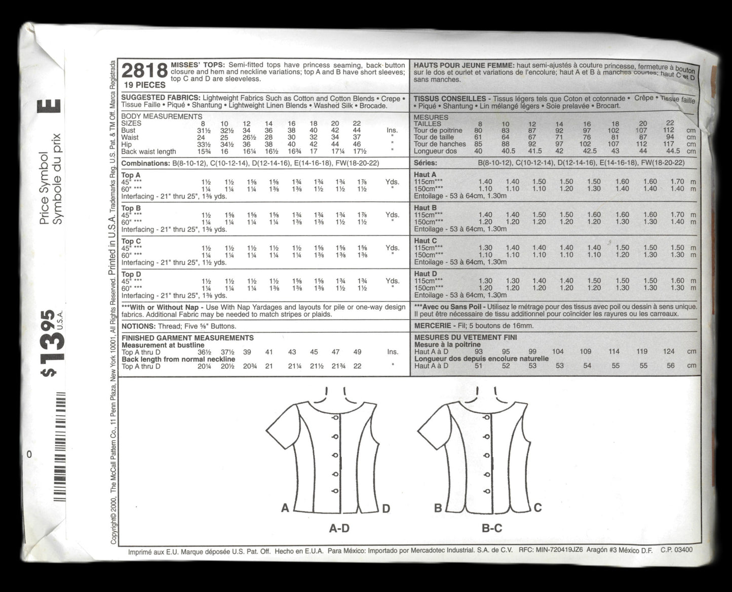 McCalls 2818 Palmer Pletsch Classic Fit Misses Tops Sewing Pattern - UNCUT - Size 8 10 12