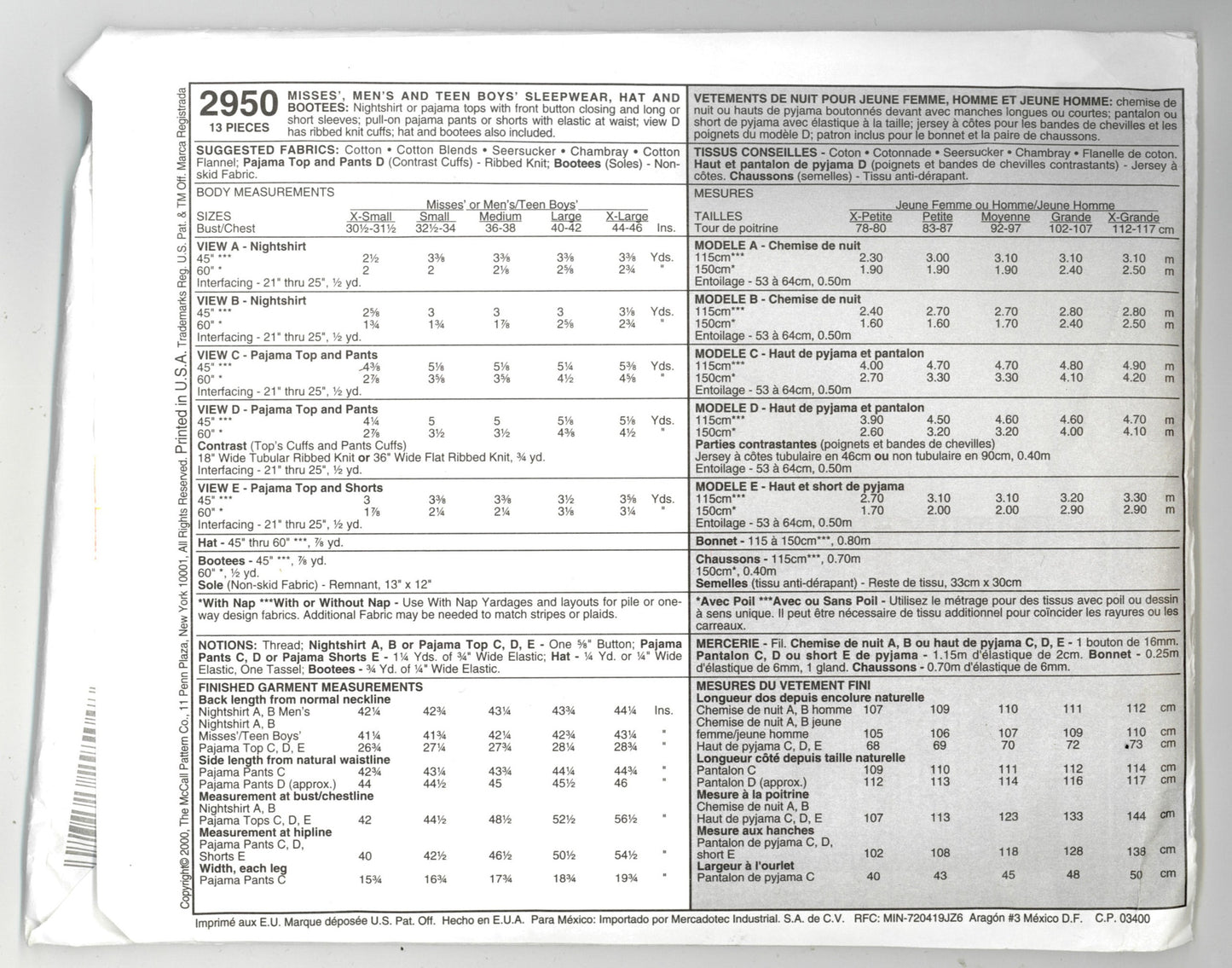 McCalls 2950 Misses Mens and Teen Boys Sleepwear, Hat and Booties Pattern - UNCUT Size Large ( 40,42)