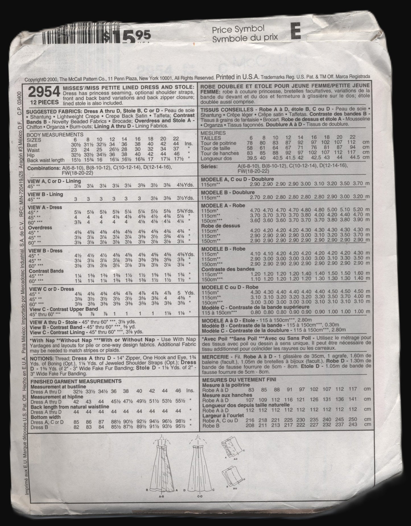 McCalls 2954 Evening Elegance Misses / Miss Petite Lined Dress and Stole Sewing PatternNCUT - Size 10 12 14