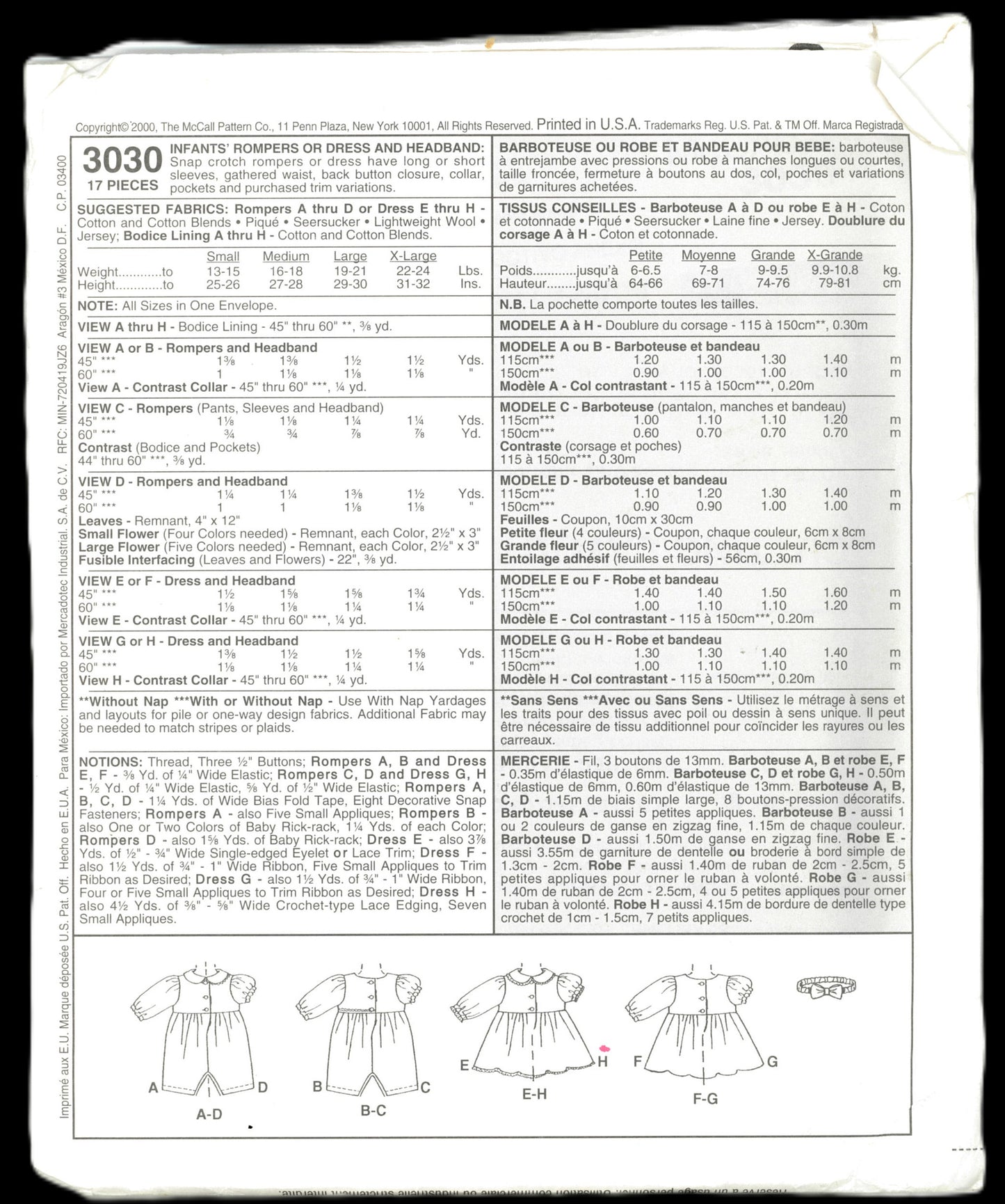 McCalls 3030 Infants Rompers or Dress and Headband Sewing Pattern - UNCUT - Size Sml Med Lrg Xlrg