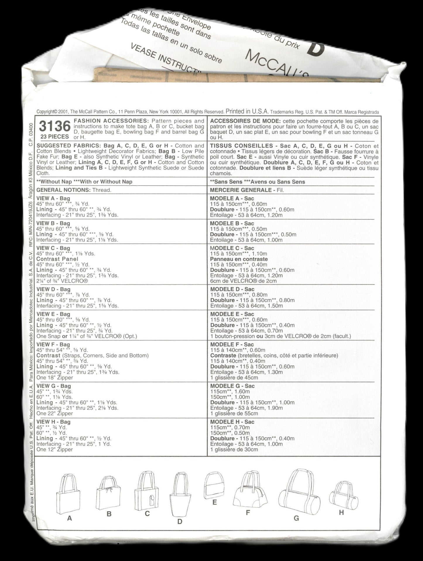 McCalls 3136 Fashion Accessories Sewing Pattern UNCUT - Tote Bag, Baguette Bag, Bowling Bag anf Barrel Bag