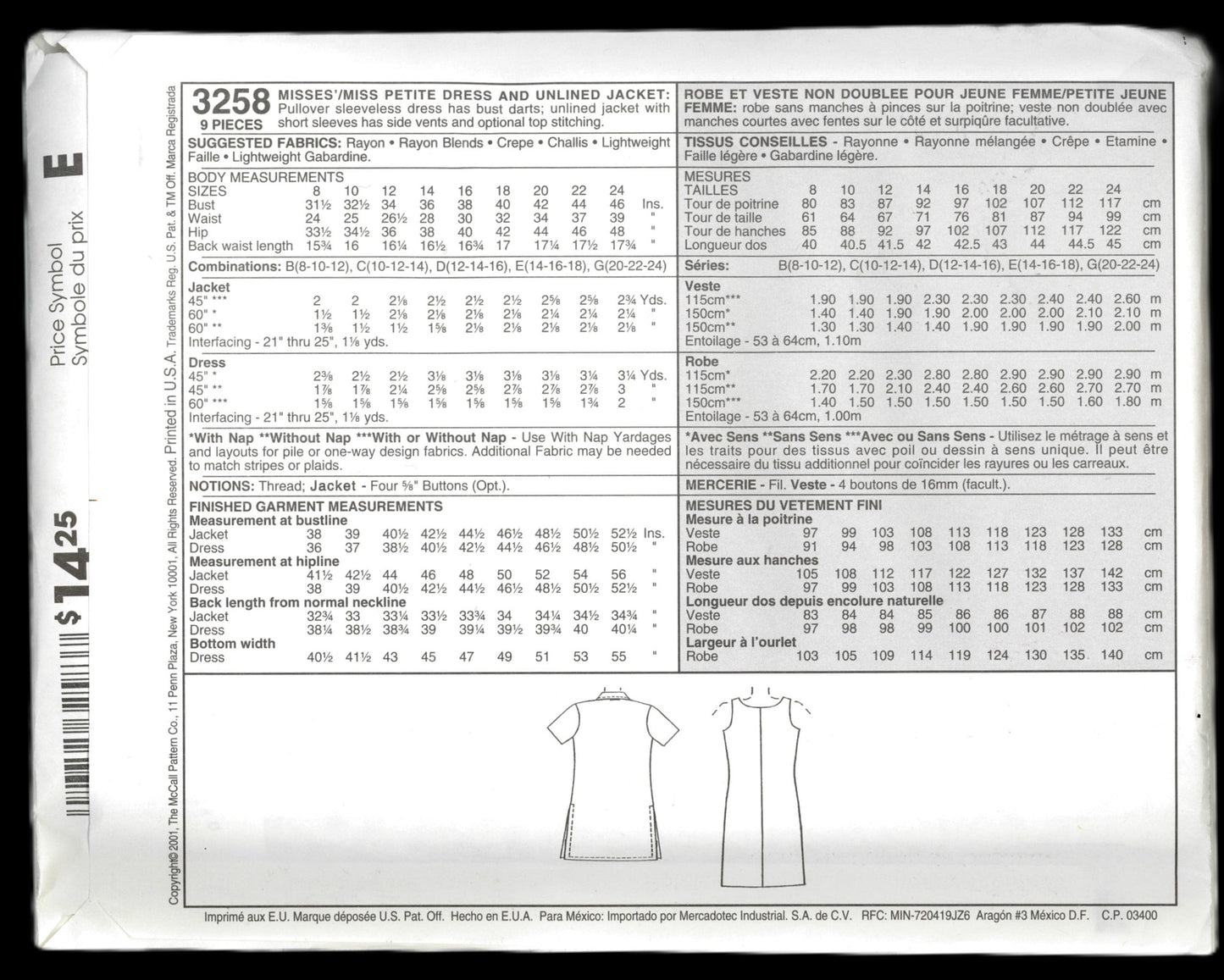 McCalls 3258 Misses / Miss Petite Dress and Unlined Jacket Sewing Pattern - UNCUT - Size 12 14 16