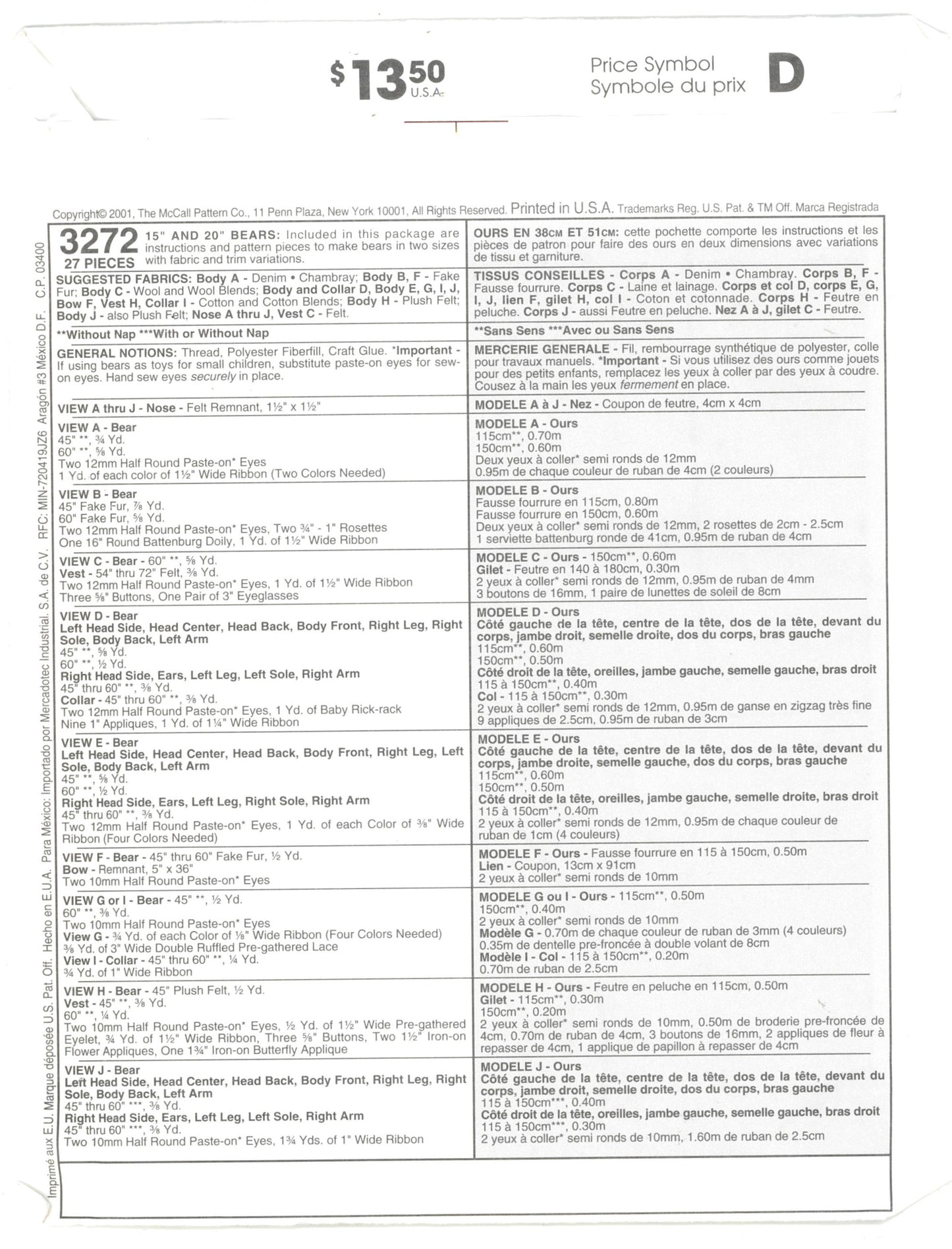 McCalls 3272 15" and 20" Bears Sewing Pattern UNCUT