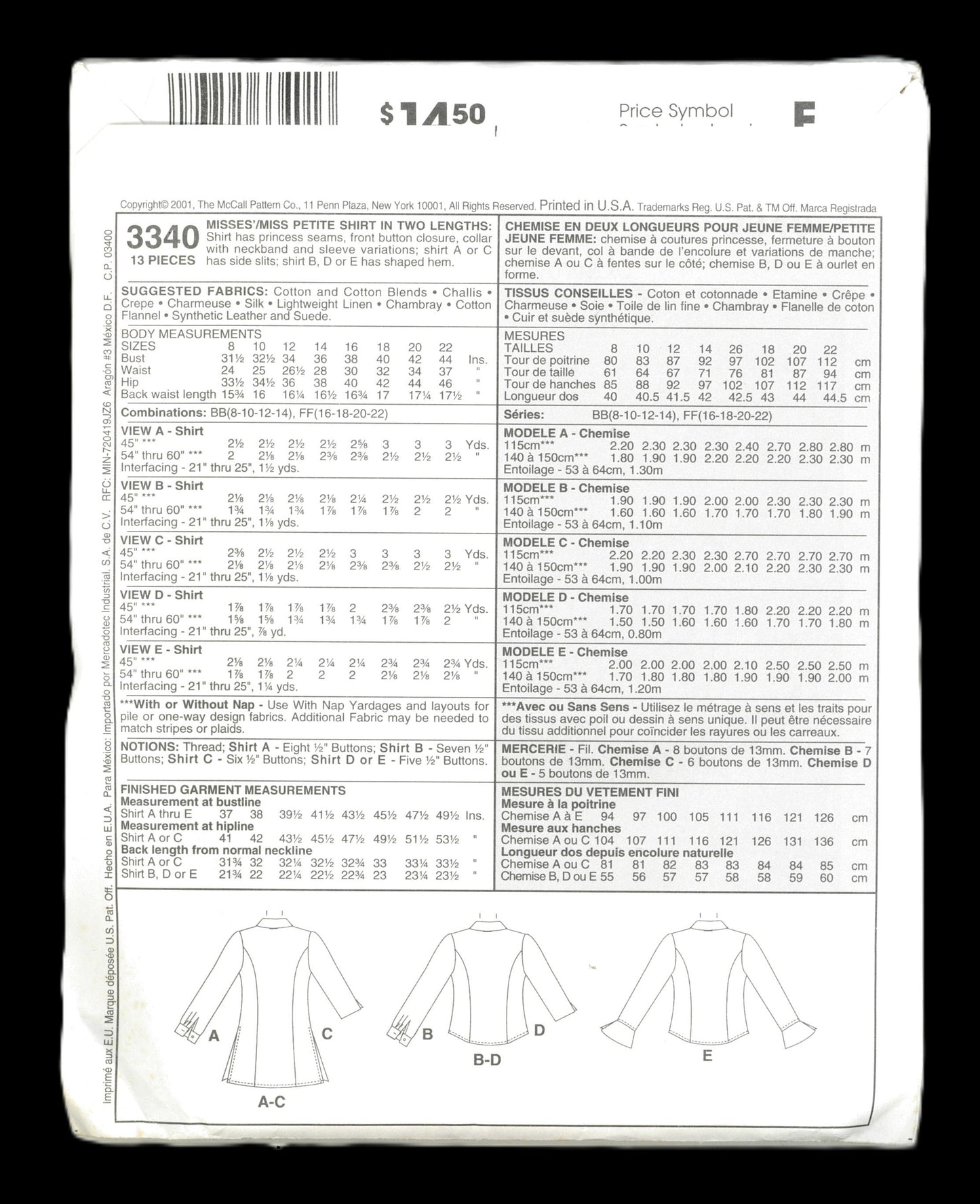 McCalls 3340 Misses / Miss Petite Shirt in Two Lengths Sewing Pattern UNCUT - Size 8 10 12 14